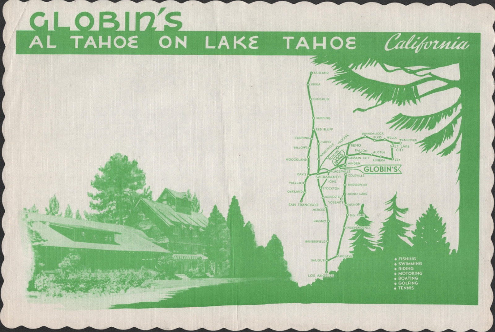 1960s LAKE TAHOE, CALIFORNIA vintage paper placemat and map HOTEL GLOBIN'S