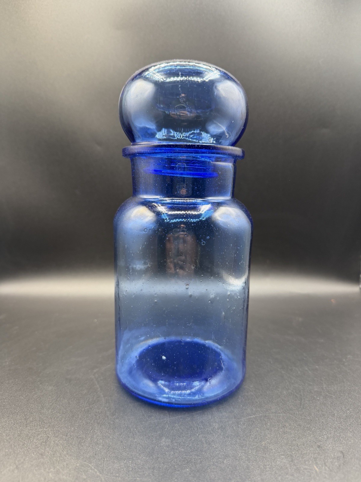 Vintage Apothecary Jar Blue Glass Bubble Top Taiwan 8.5” Tall Bubble Glass READ