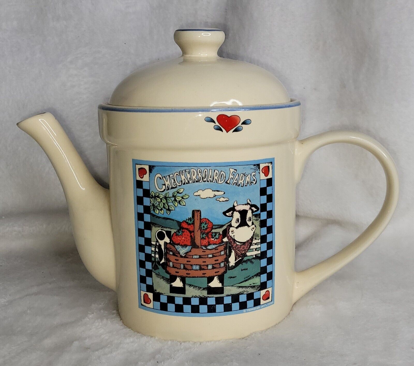 Transfer Int'l Corp Checkerboard Farms COW Pattern Stoneware Teapot