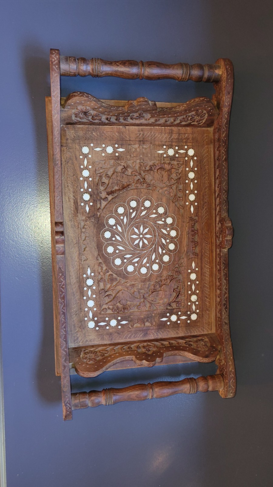 Vintage Hand Carved Wooden Serving Tray With Intricate Floral Inlay
