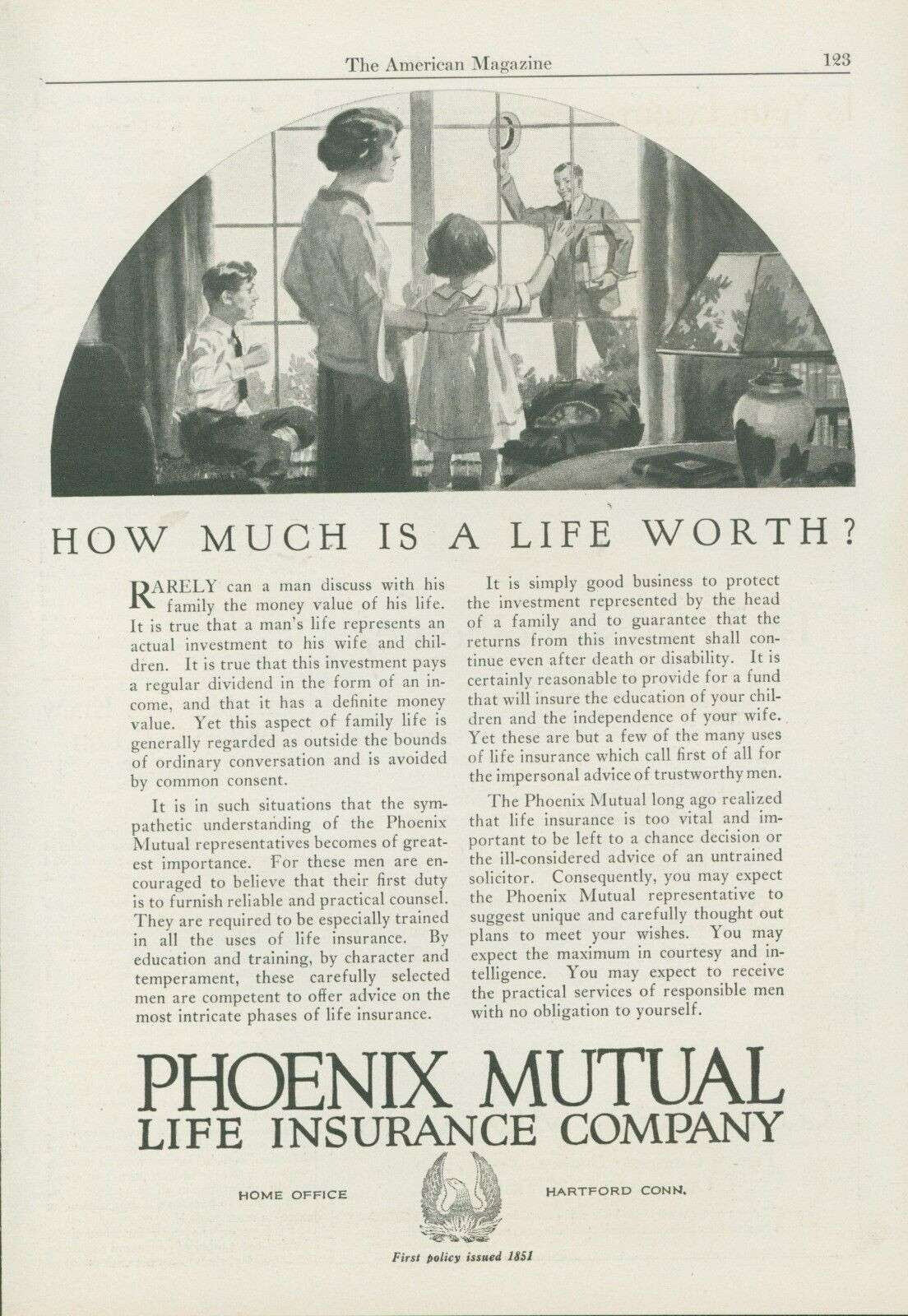 1924 Phoenix Mutual Life Insurance Family Waving At Dad Window Vtg Print Ad A1