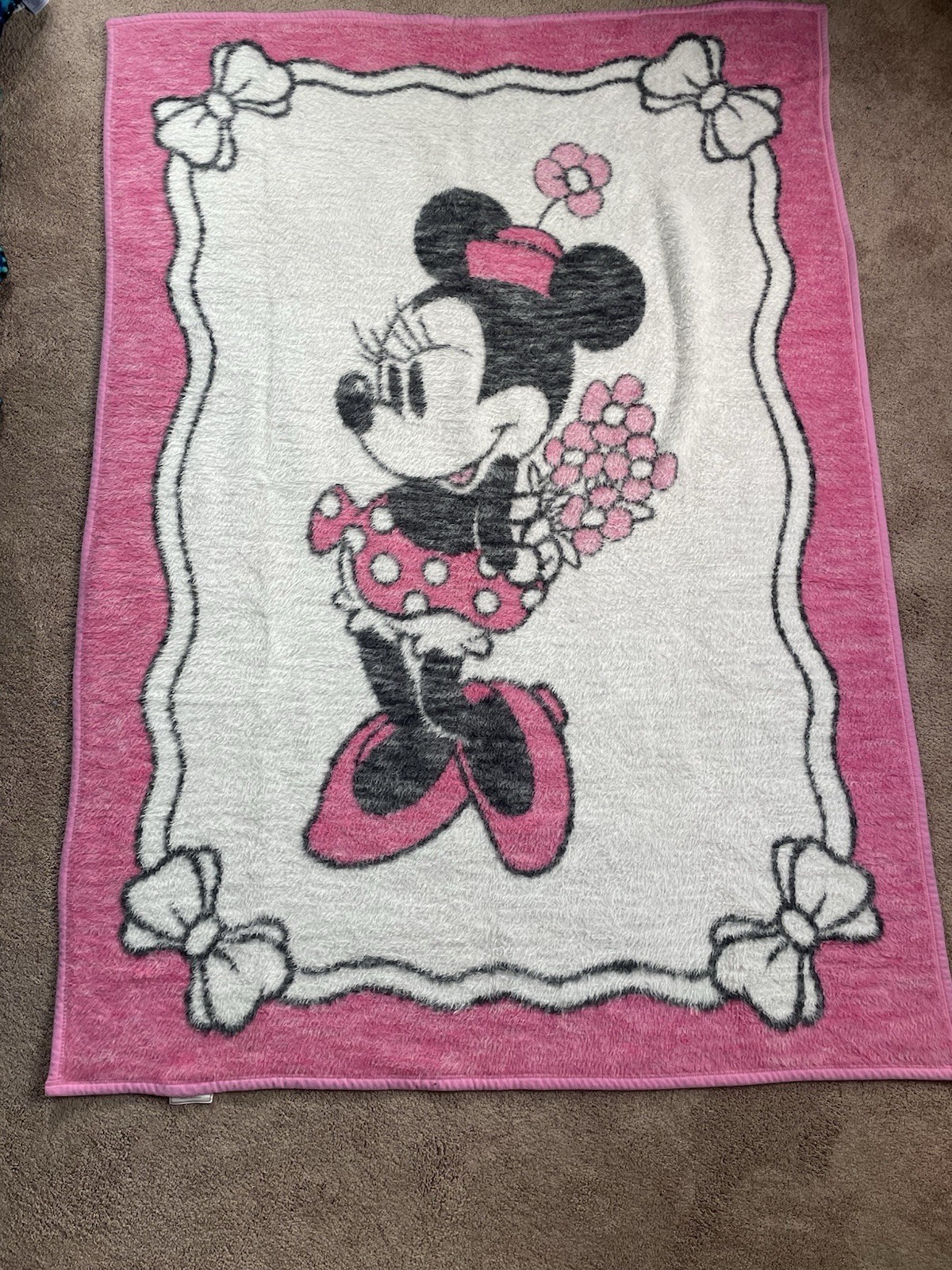 Vintage Biederlack Blanket Disney Minnie Mouse Pink Fleece Throw Reversible Lrg