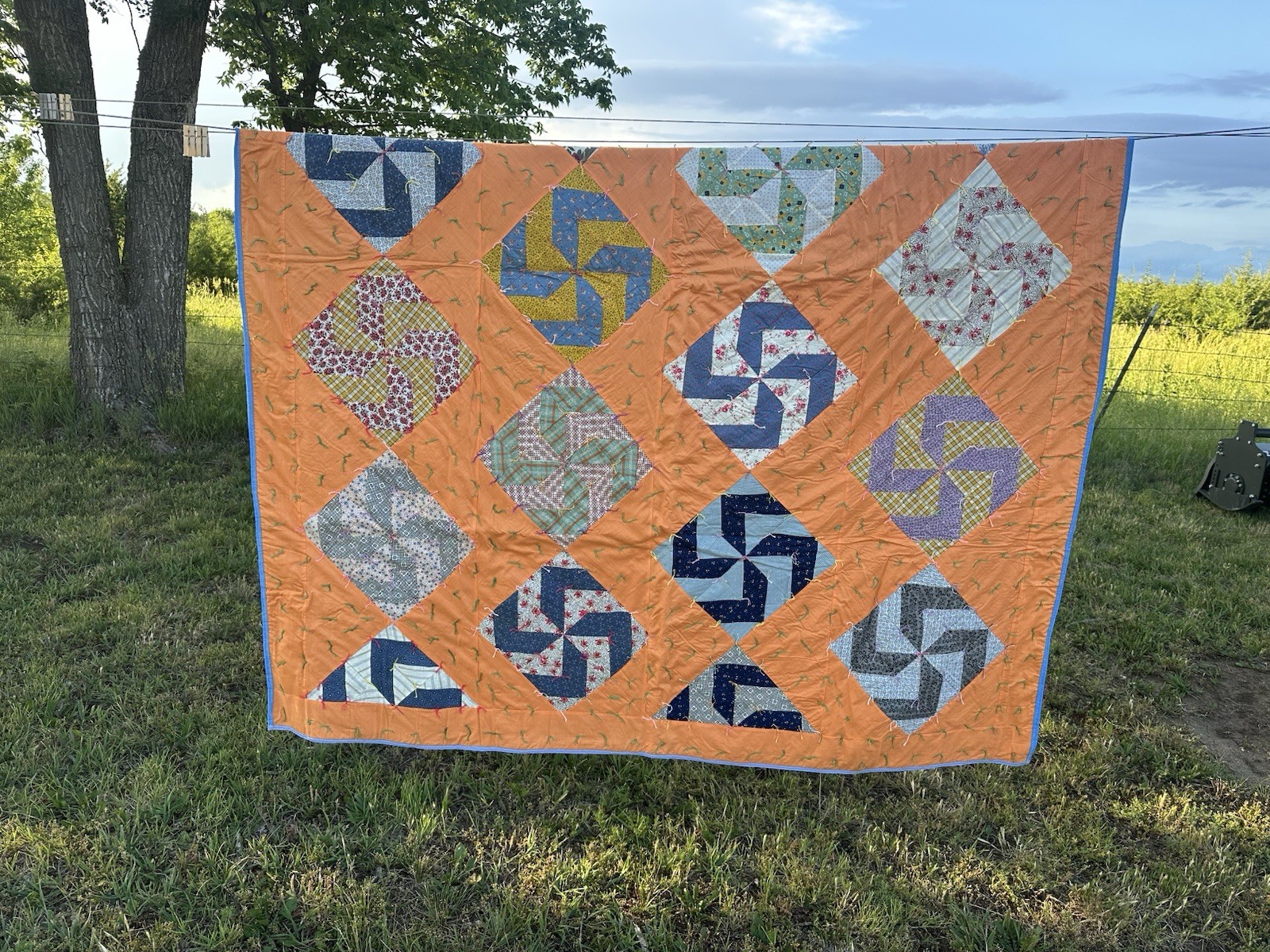 Vintage Hand Stitched Pinwheel Quilt, Approximately 68”x86”, Vibrant Color-EUC