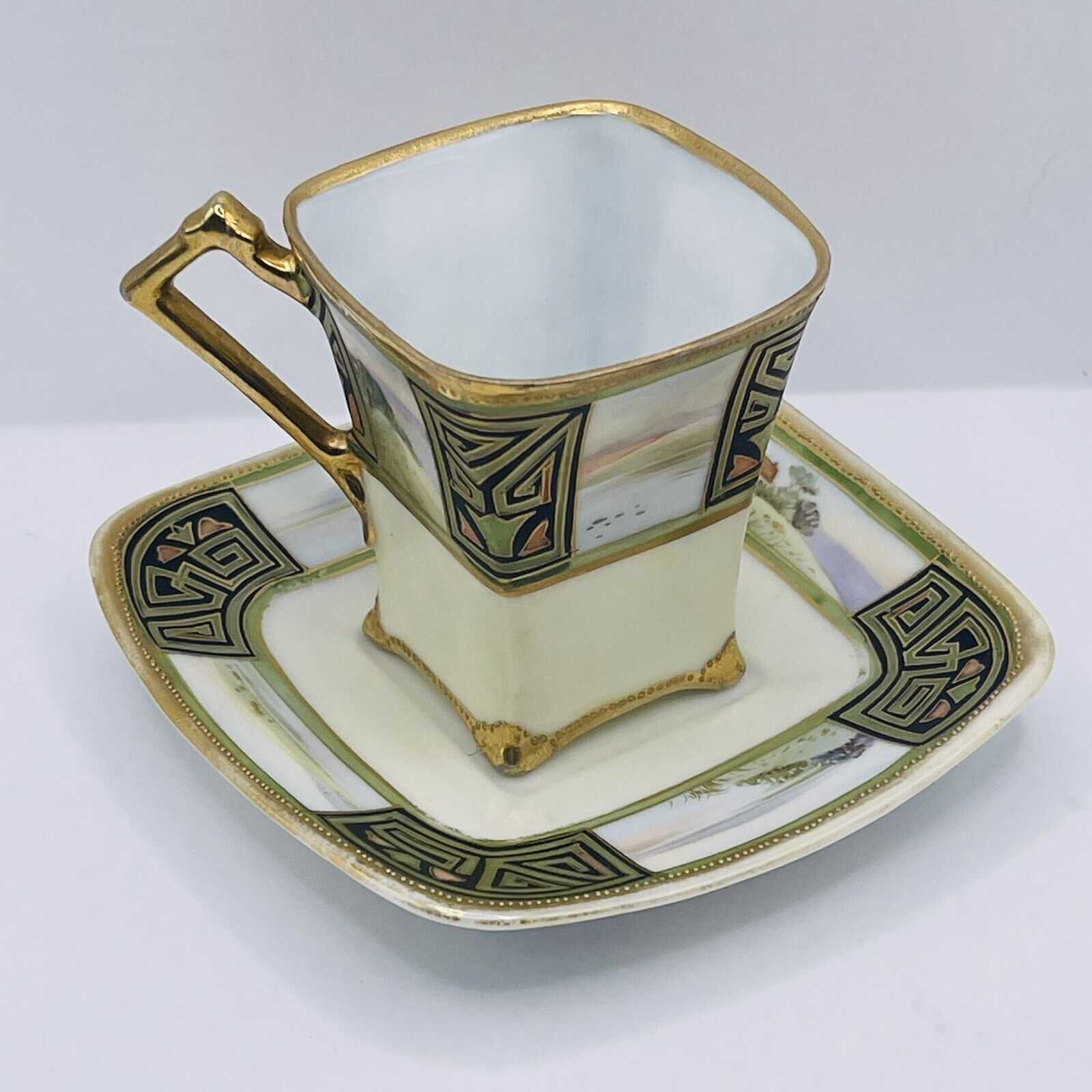 Vintage Demitasse Espresso Teacup & Saucer Countryside Art Deco Gold Trim Japan