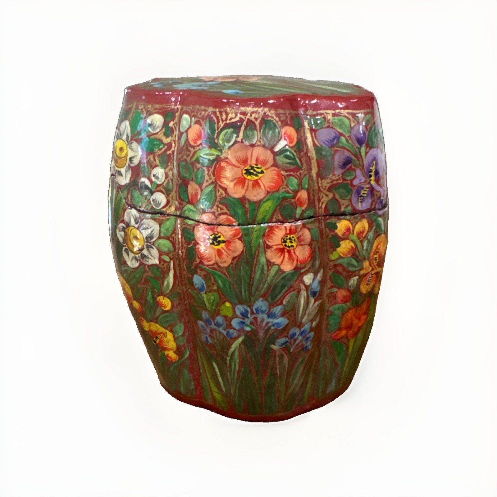 Vintage Kashmiri Hand Painted Papier Mache Lidded Trinket Box Floral India 5”
