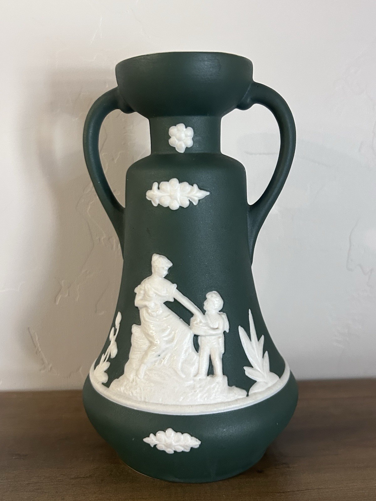 Vintage Green Jasperware Vase With Handles 