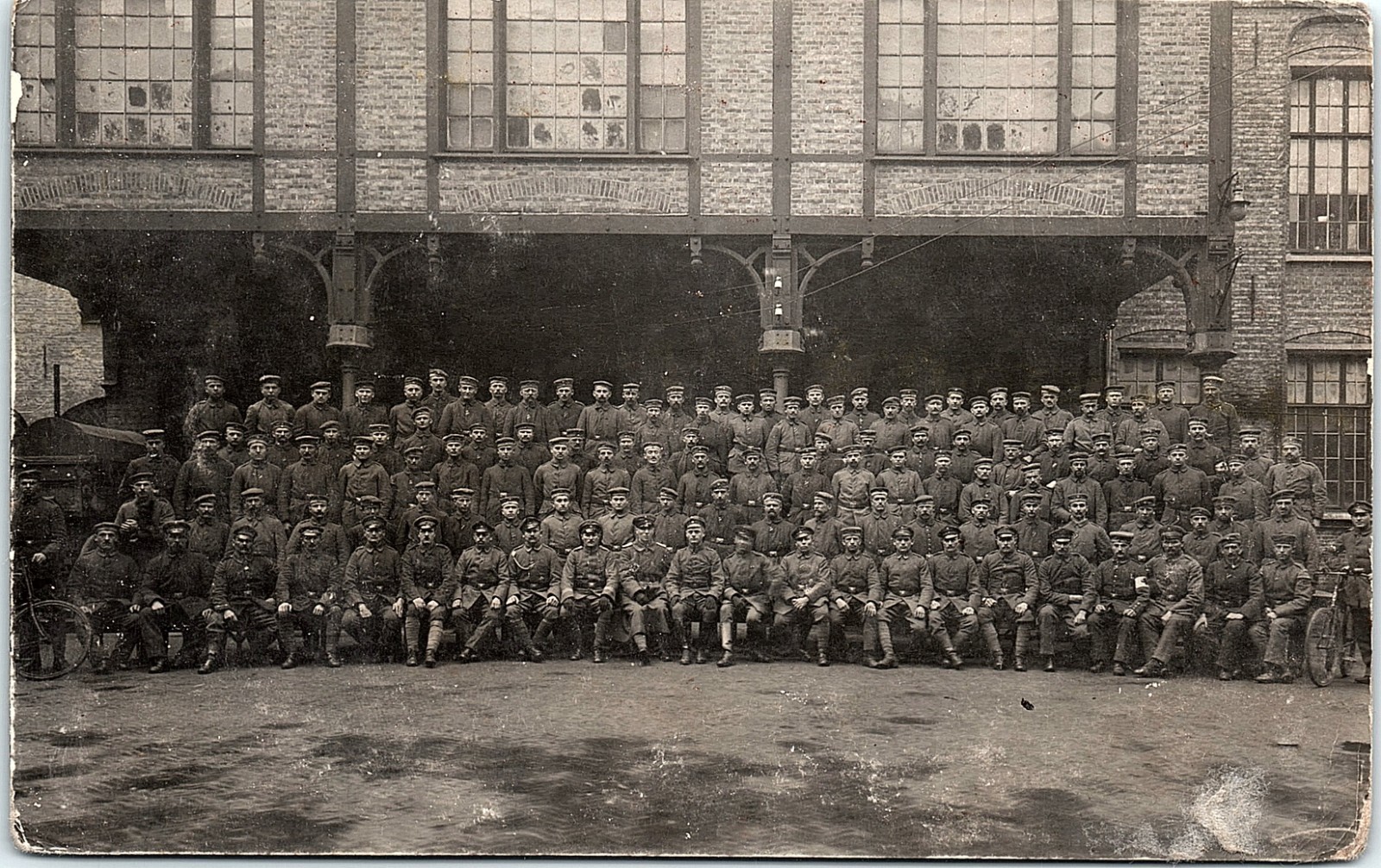 WWI Era RPPC Large Military Soldier Group Factory Courtyard Real Photo Postcard
