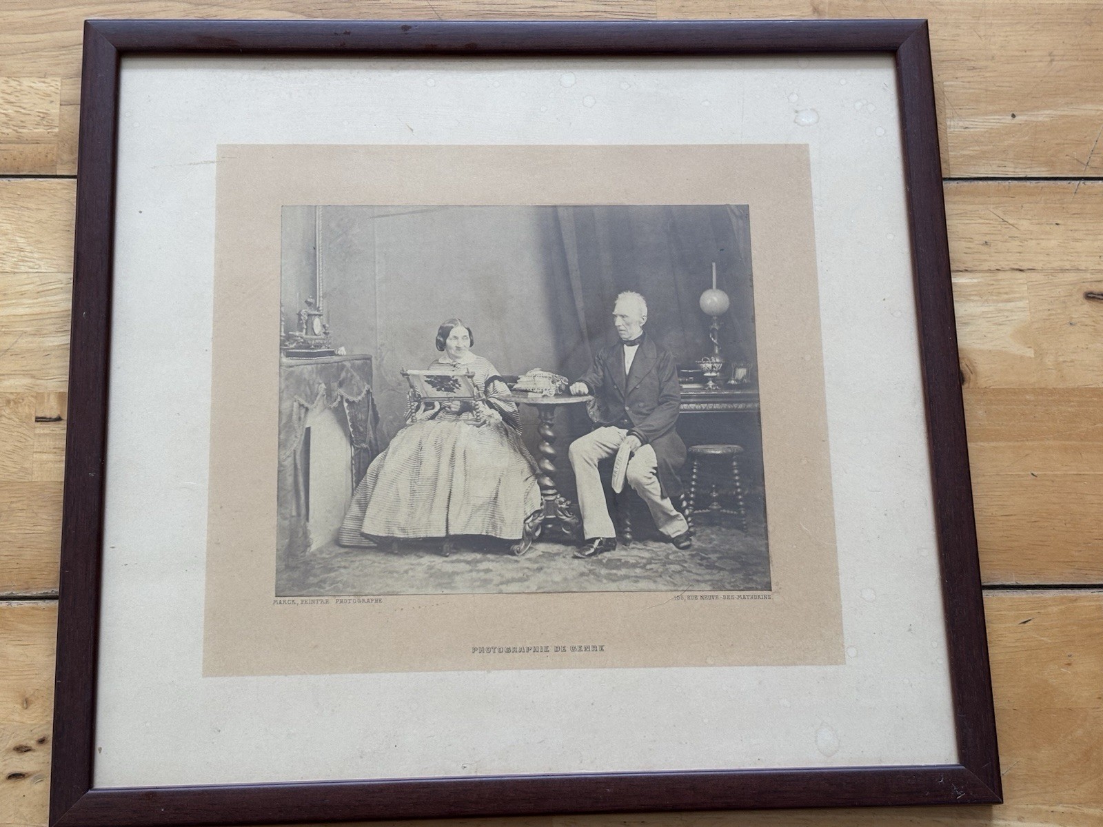 Antique 1860s French Genre Photograph – Marck, Paris –Elderly Couple in Parlour