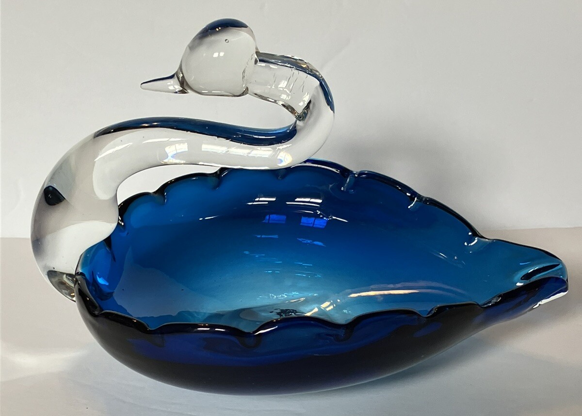 Art Glass Blue And Clear Swan Candy / Trinket Dish  Handblown 4.5”