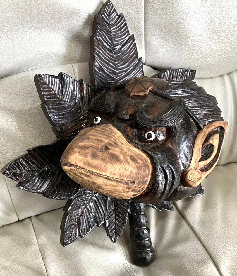 Vintage Japanese Wooden Carving of a Karasu Tengu's Face & Uchiwa Fan 30×25cm