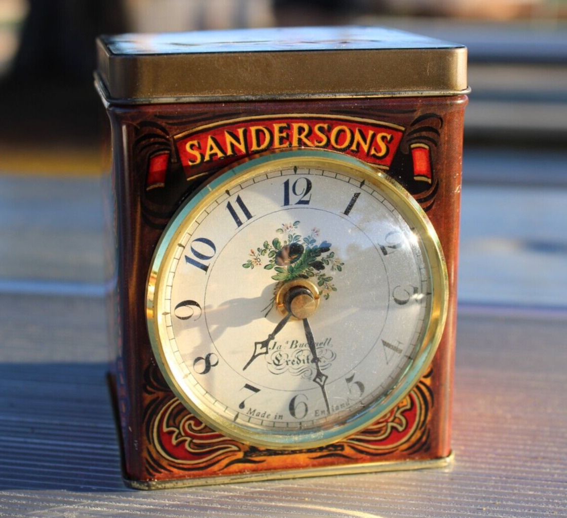 Clean Sanderson English Tea Tin With Roger Lascelles CLOCK—Works + new battery