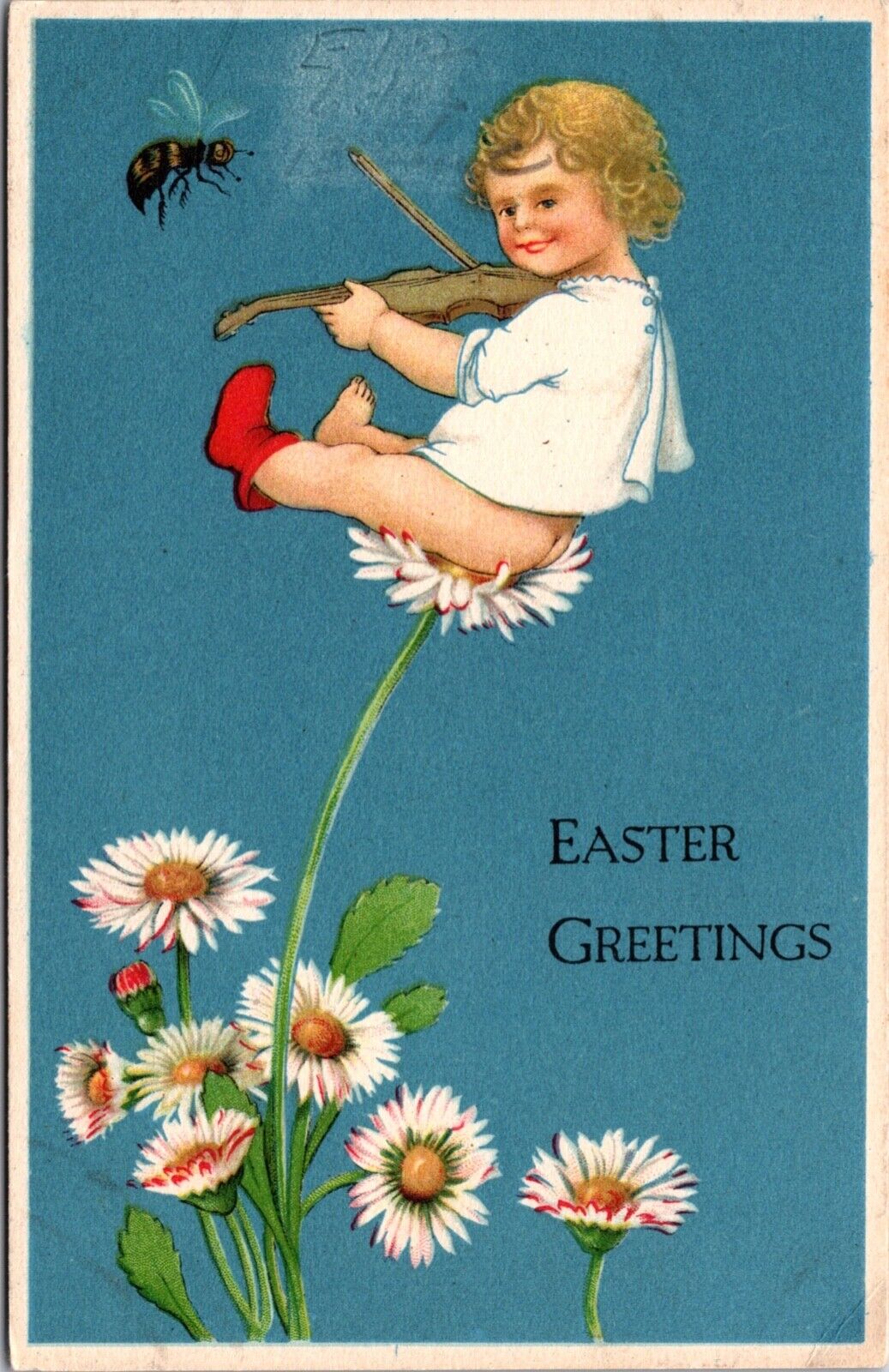 Easter Postcard Bare Bottom Baby Sitting on a Daisy Playing the Violin Bumblebee