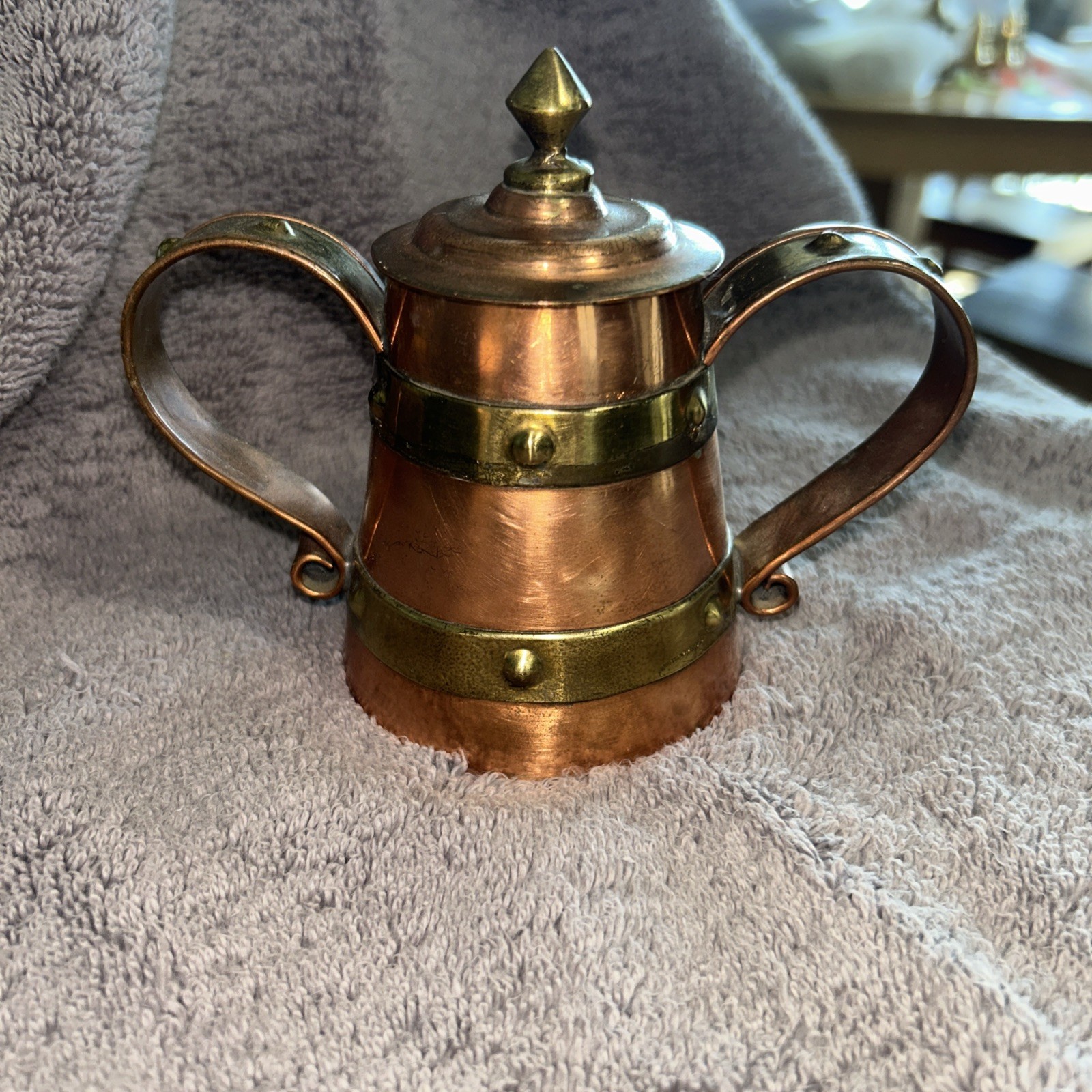 VTG Copper with Brass Riveted Bands Sugar Pot Stamped P Tlaquepaque FCS Mexico