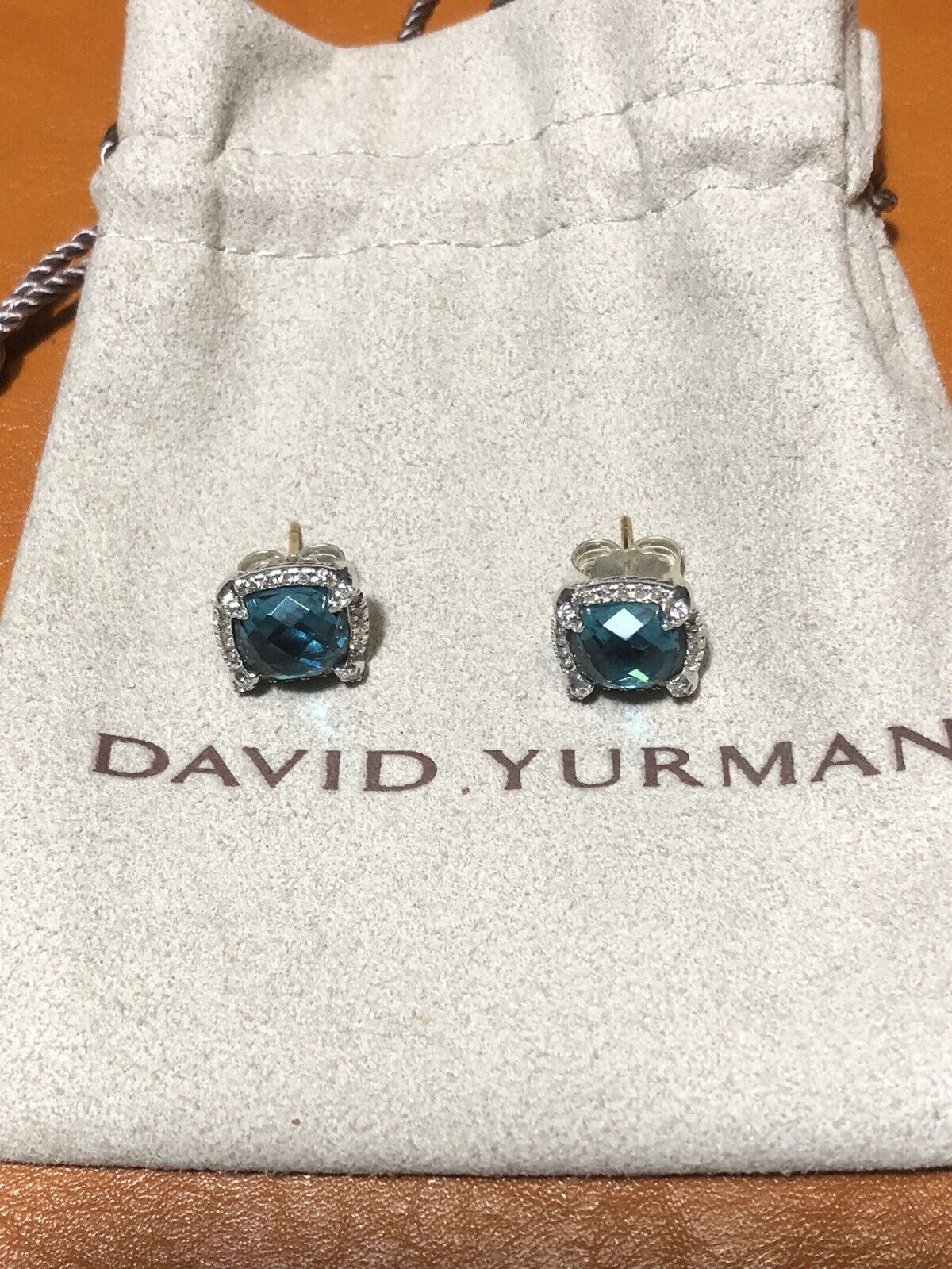 David Yurman Sterling Silver 9mm  Chatelaine Earrings W Hampton Blue Diamonds