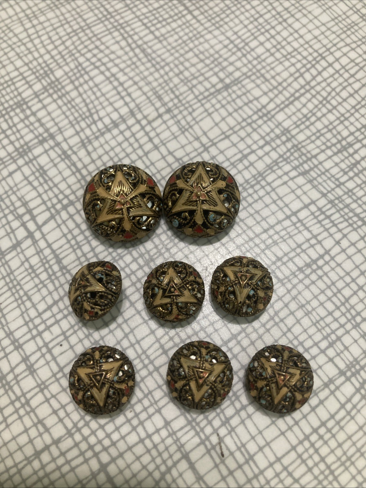 Lot 8 Antique Czech Champleve Enamel Buttons Filigree Triangle 1920s Art Deco