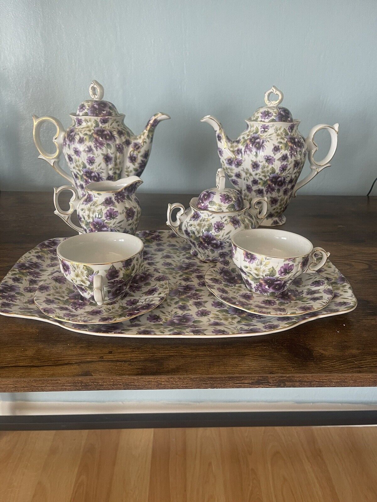 Victoria’s Garden purple Flowers tea Set (RARE-VINTAGE) 9 Peice
