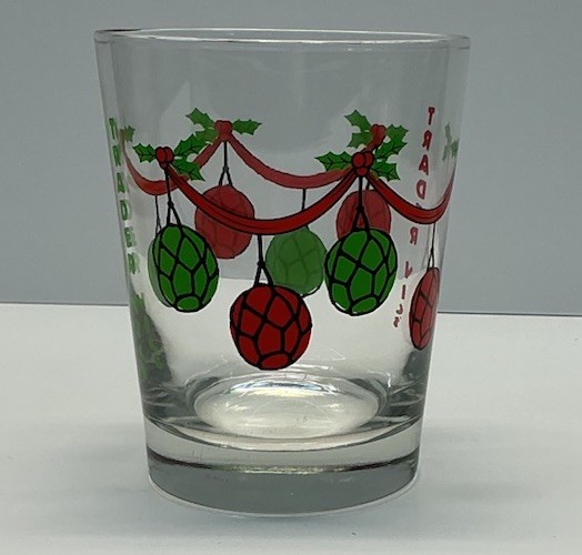 Vintage Trader Vic’s X-mas Holiday Rocks Glass Red Green Garland Ornament Bulb
