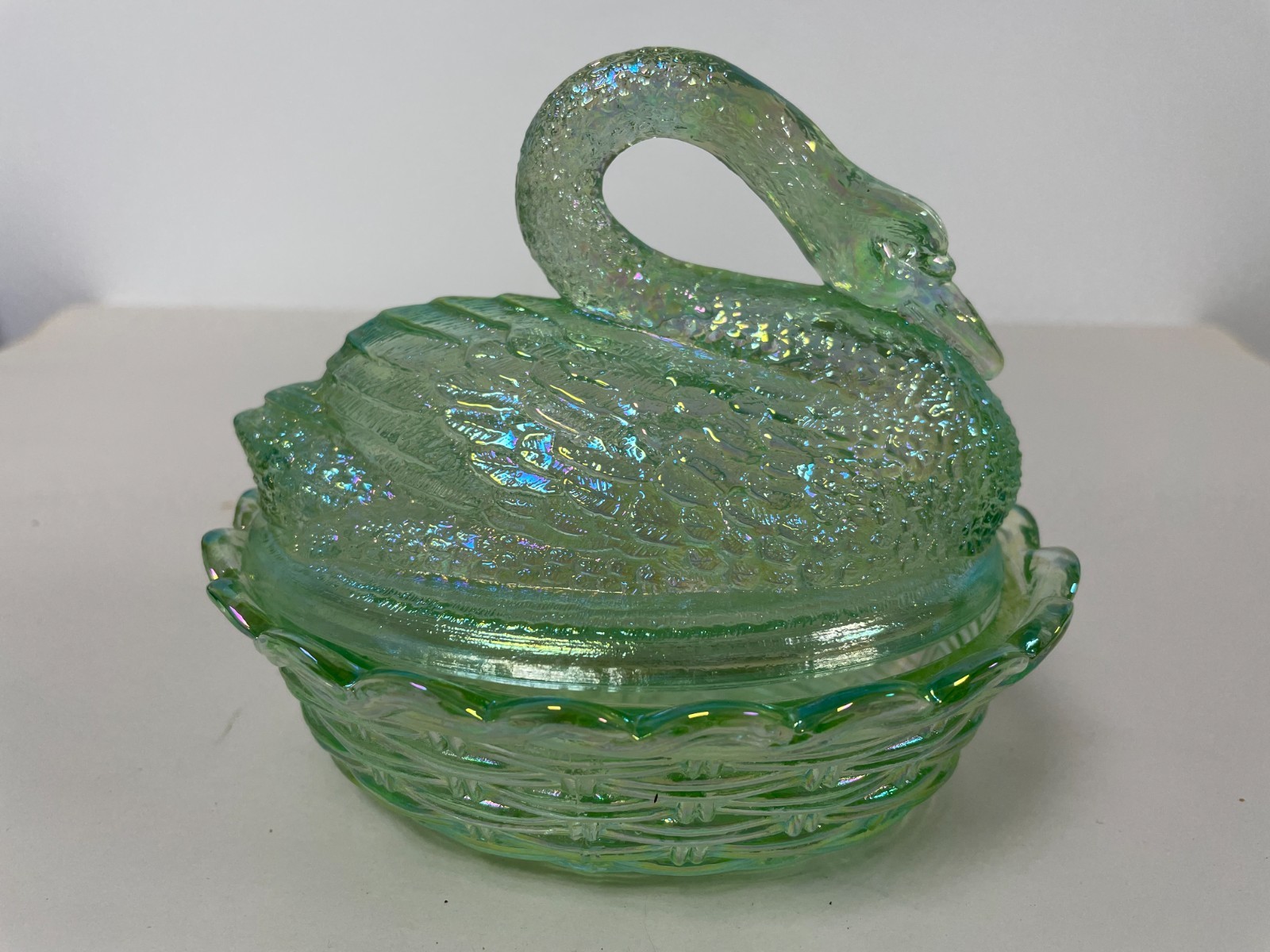 Fenton Swan Themed Green Carnival Glass Covered Dish. Late 20thC Mint Condition