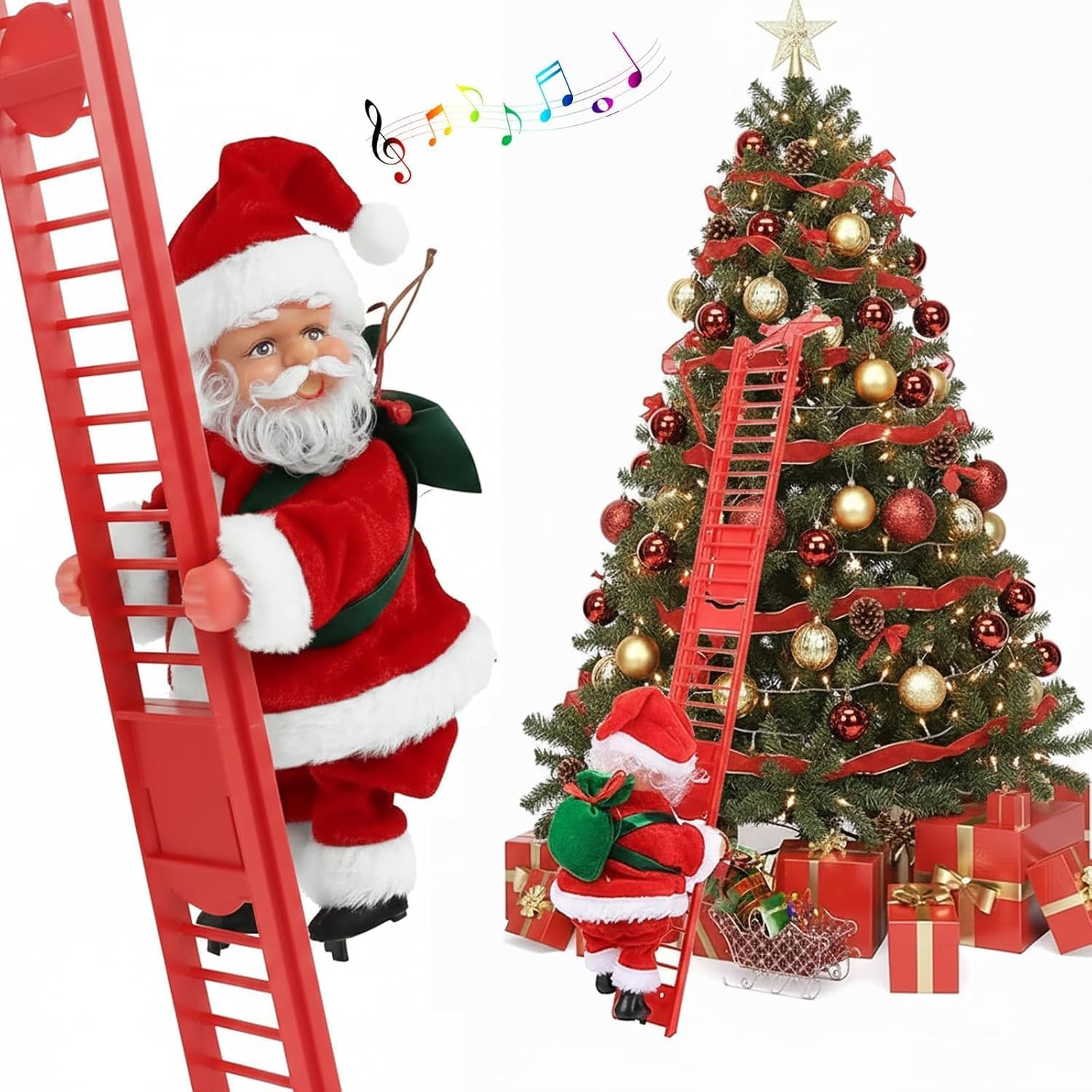 Climbing Santa Claus on Ladder, Electric Musical Christmas Decoration