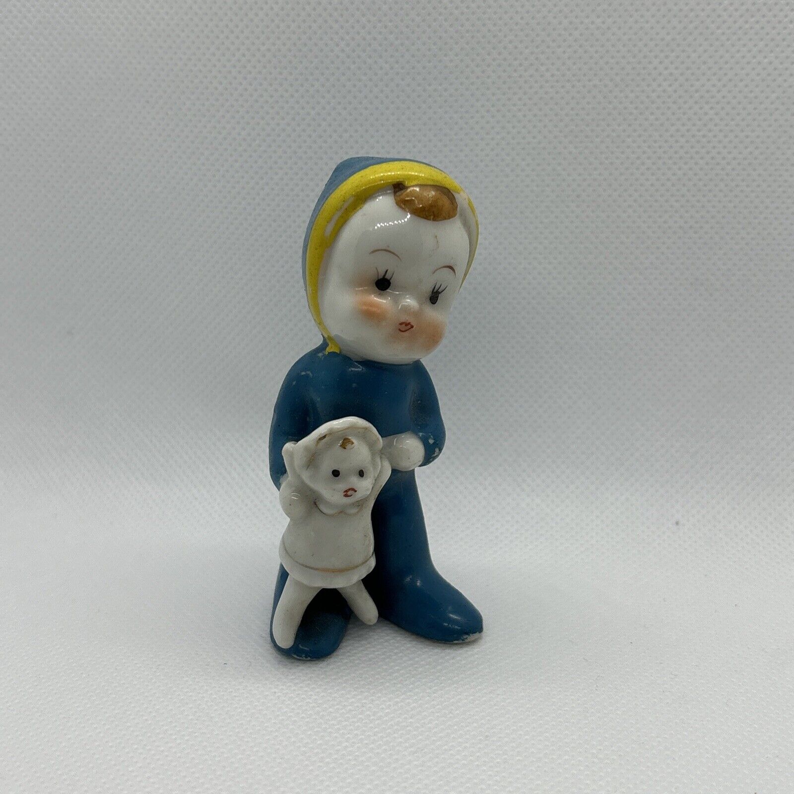 Vtg Japan Ceramic Christmas Blue Pixie Elf Boy With Doll Figurine 3” Paint Wear
