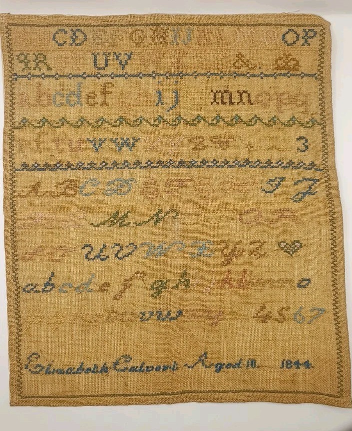 Antique 1844 Victorian Sampler Elizabeth Calvert Aged 10 Alphabet Needlework