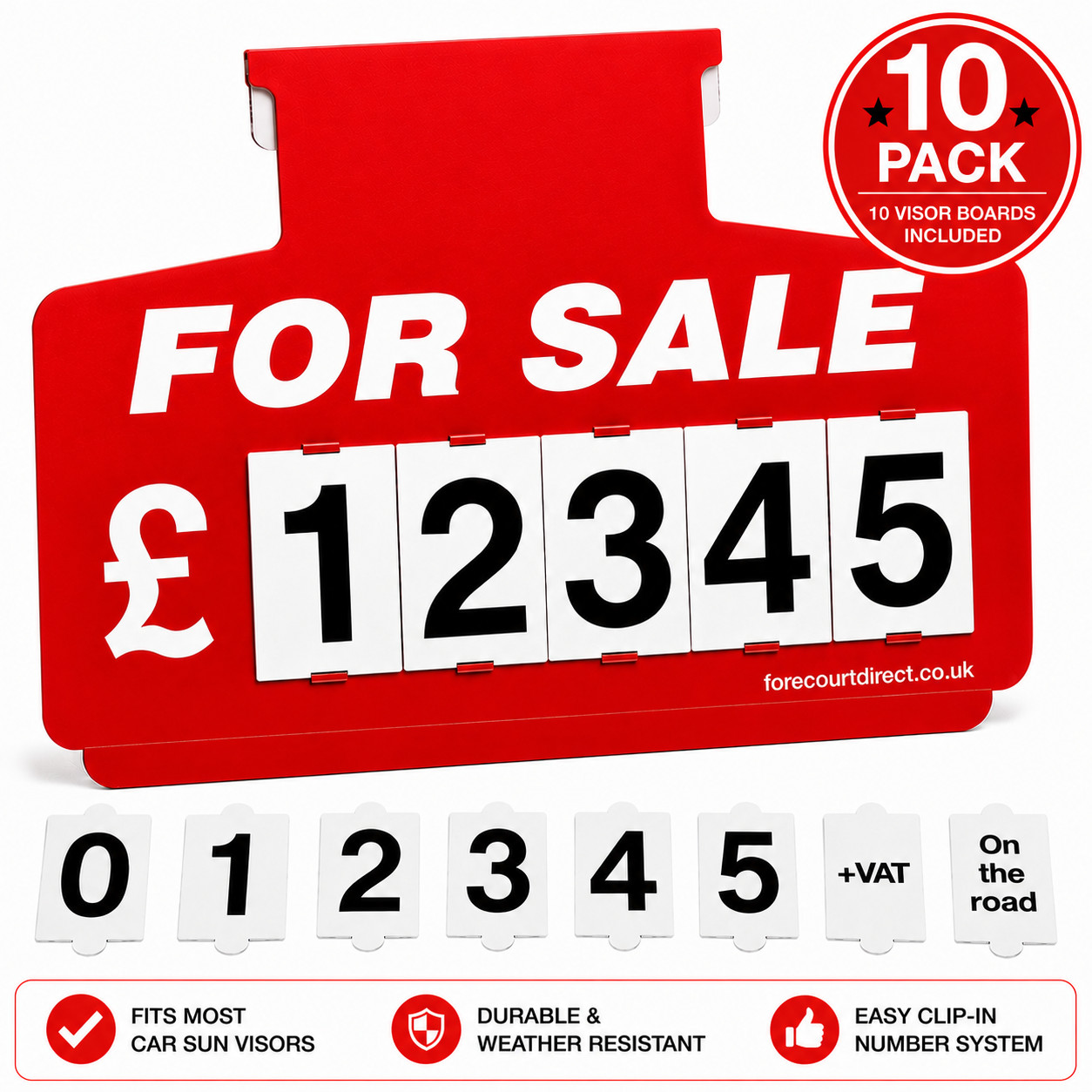 10x Red Car For Sale Board/ Window Car Price Sale Sign with Numbers Sun Visor.