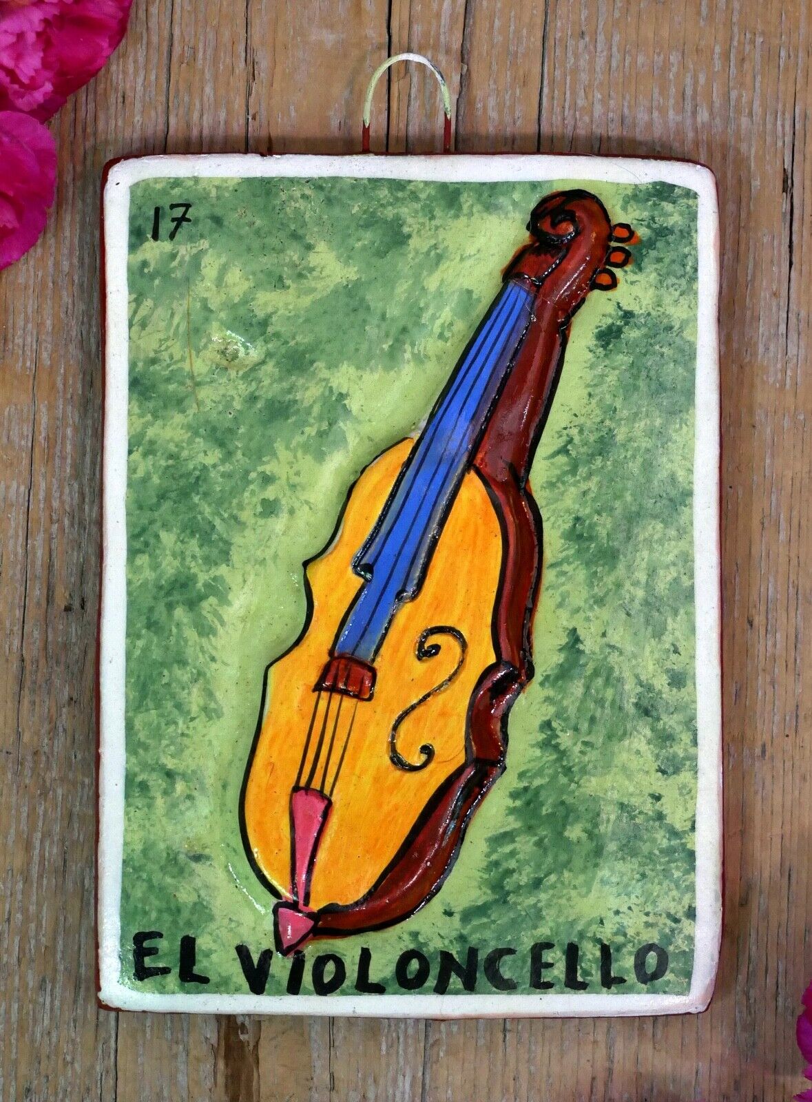 Sm Sz Loteria #17 El Violoncello Cello Clay Hand Painted Mexican Game Folk Art