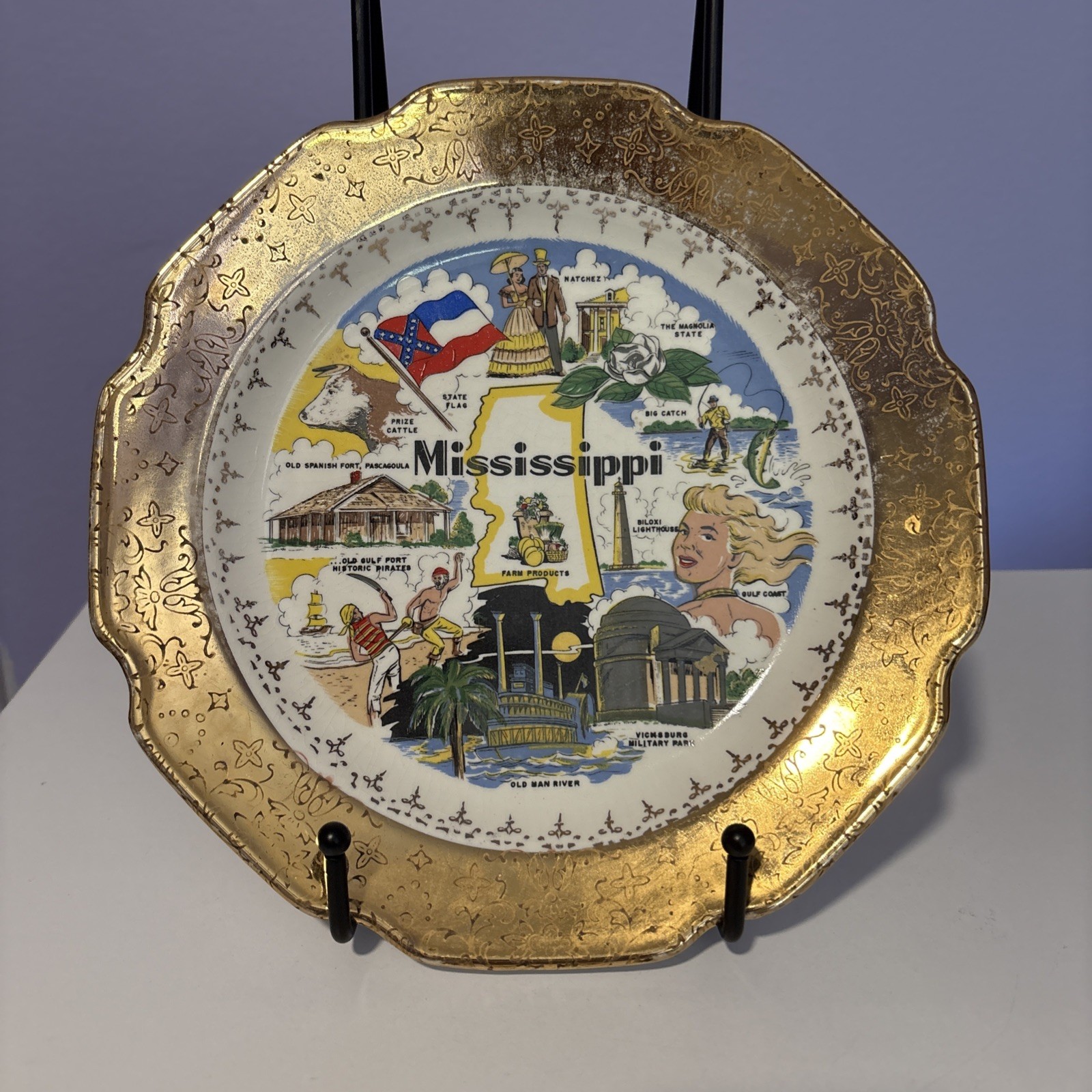Vtg Sabin Crest-O-Gold Mississippi State Souvenir Collector Plate 22K Gold 50s
