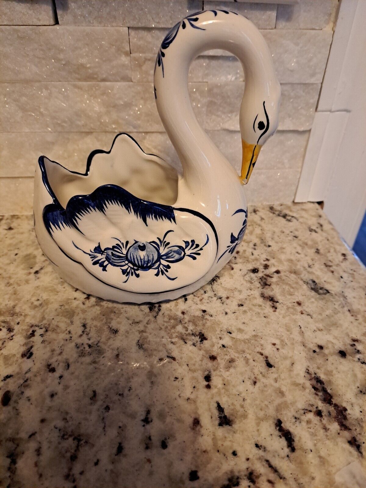 Swan Planter VTG Hand Painted Portugal Reel Floral Blue White  Small Chip 