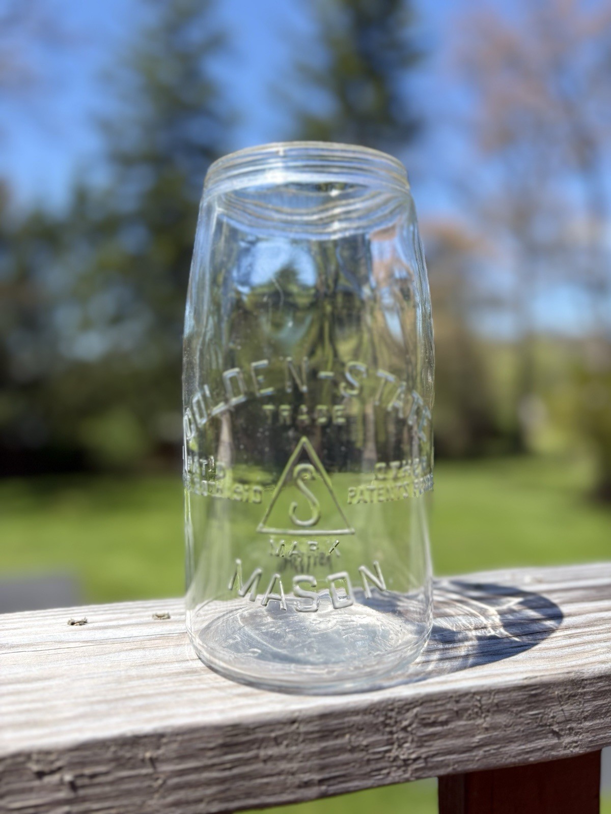 GOLDEN STATE MASON Fruit jar Large Patent Applied For On Bottom SF. 8 1/2” Tall GOLDEN STATE MASON Fruit jar Large Patent Applied For On Bottom SF. 8 1/2” Tall