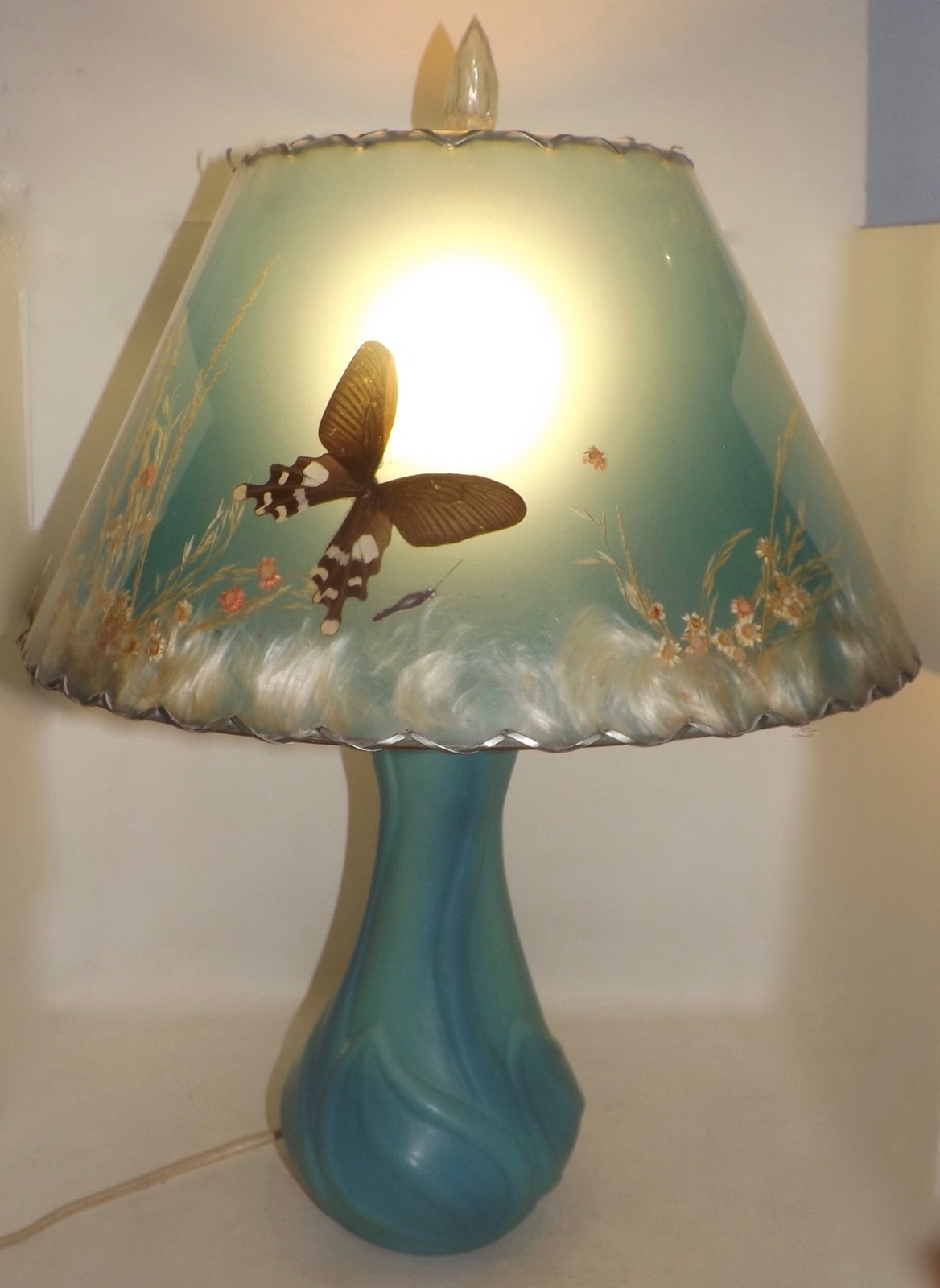 Vtg 1950s Mid Century Van Briggle Tourquoise Floral Lamp with Butterfly Shade