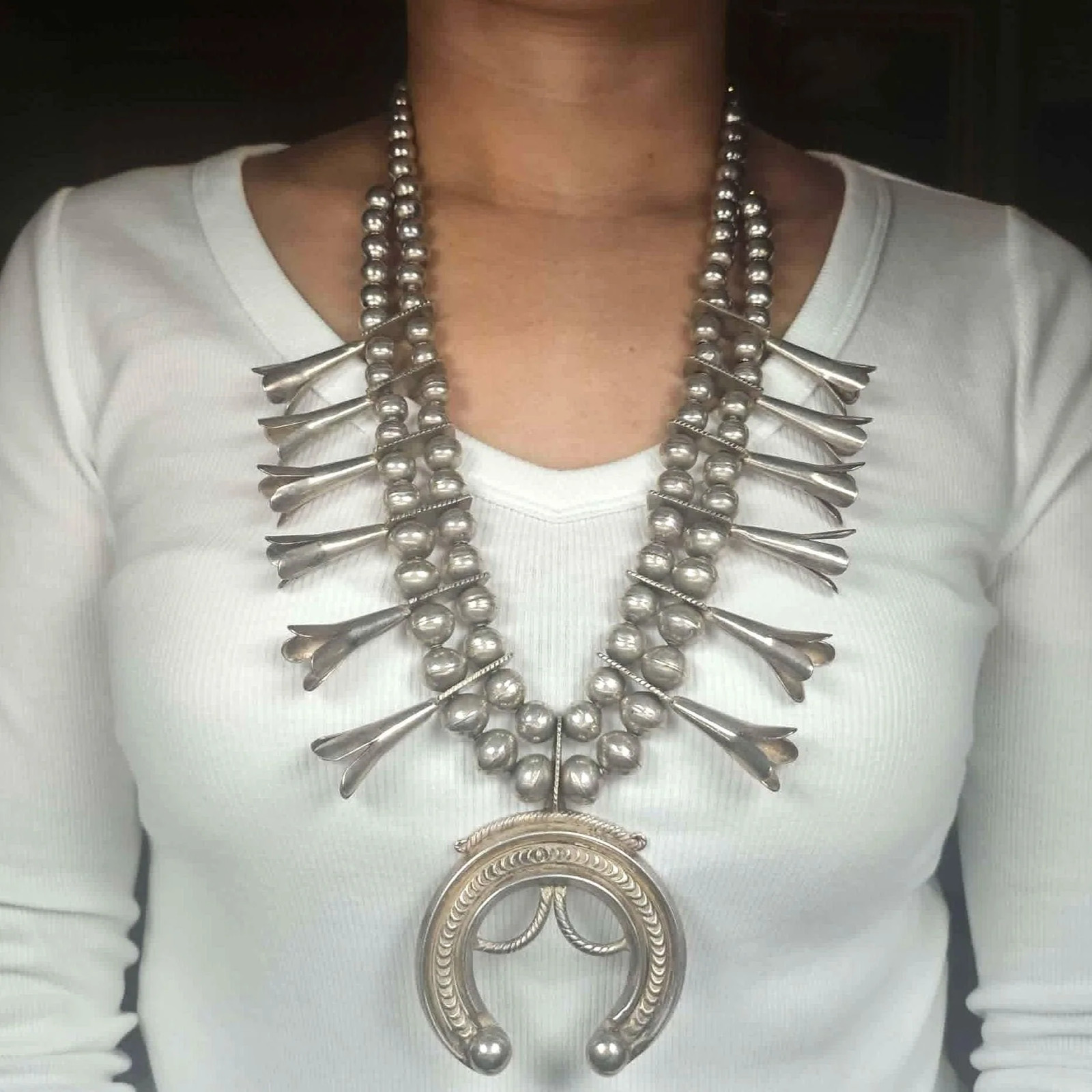 c1920\'s Antique Navajo Ingot silver squash blossom Necklace with ornate Naja