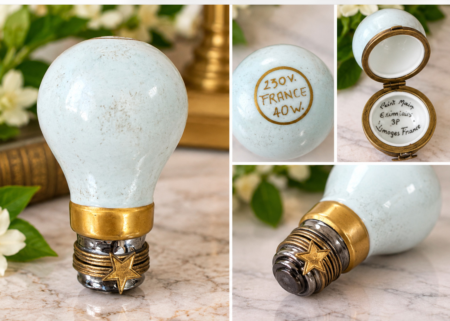 Limoges France Eximious Peint Main Light Bulb Hinged Trinket Box 40W