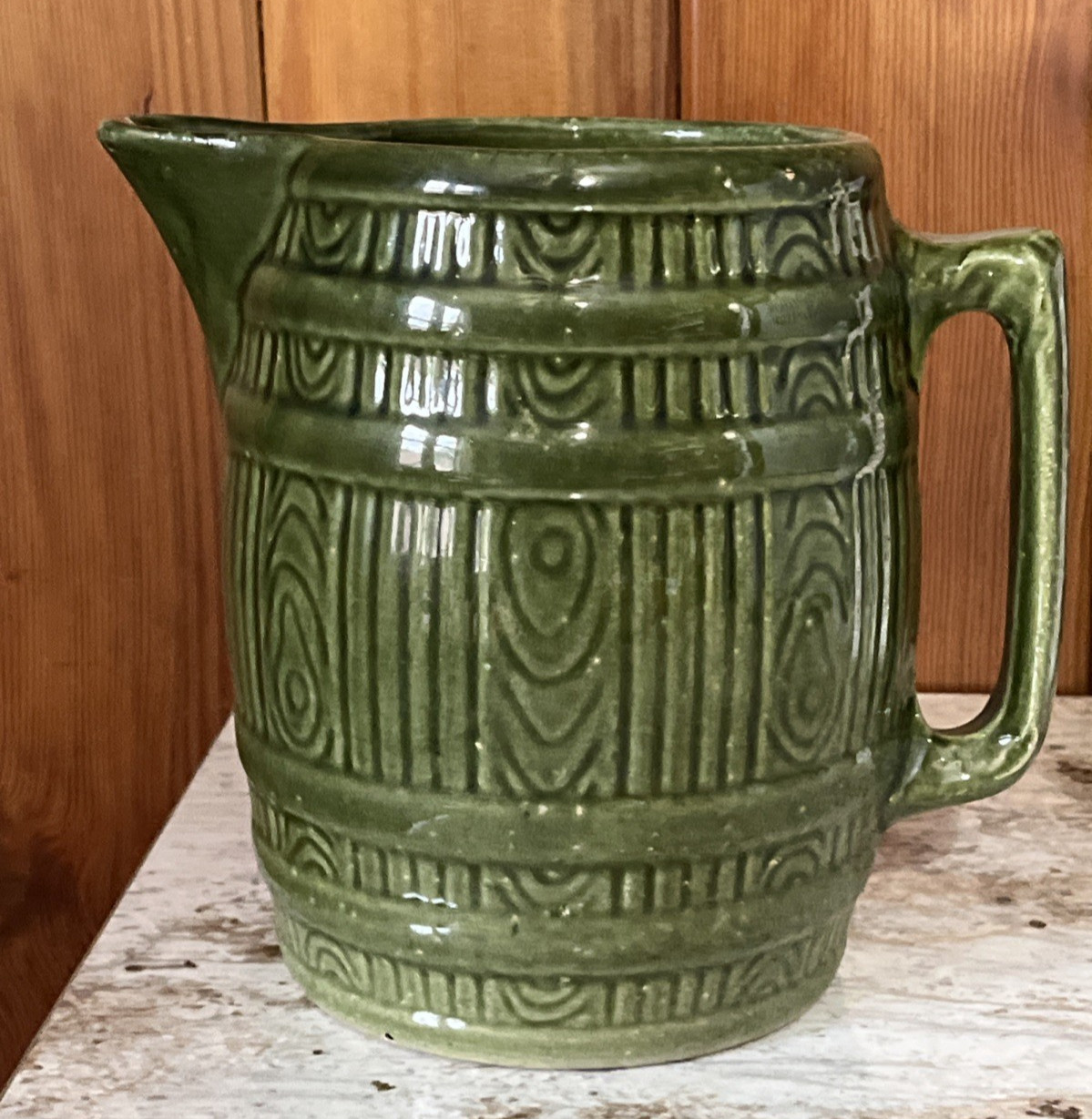 Vintage GREEN Yellow Ware BARREL Pitcher Pottery Stoneware Barrel 8\