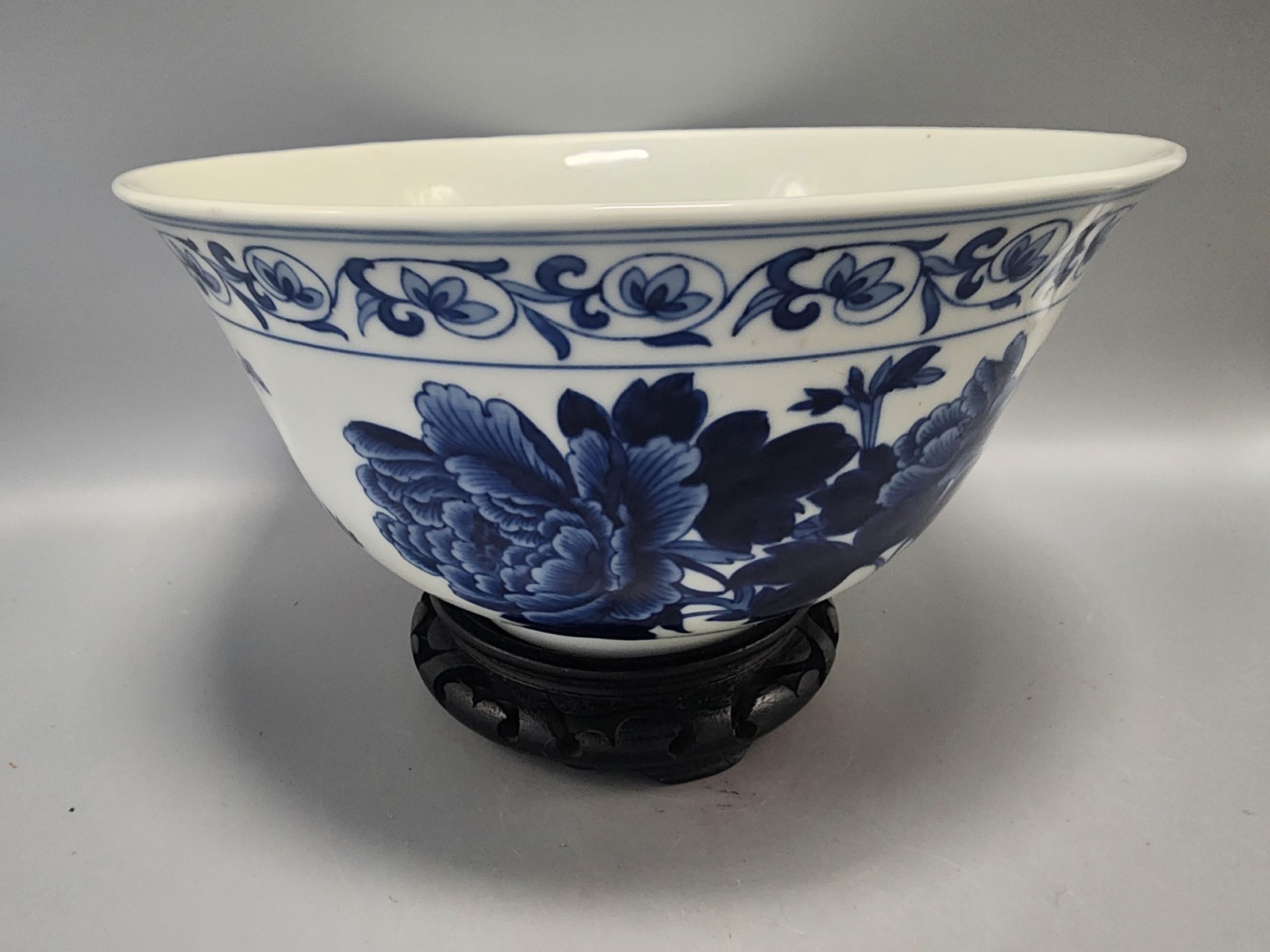 Vintage Blue and White Chinese Handpainted Bowl W/Butterflies Signed, With Stand