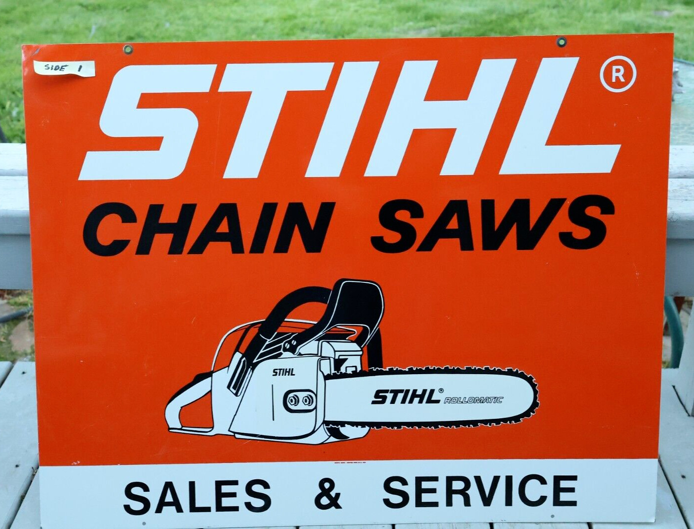 Vintage STIHL CHAIN SAWS Sales Service 2 Sided Sign   Rollomatic Chainsaw