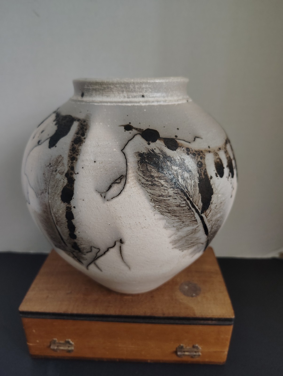 Horsehair and Feather Wheel Thrown Ceramic Raku Vase -Signed 7\