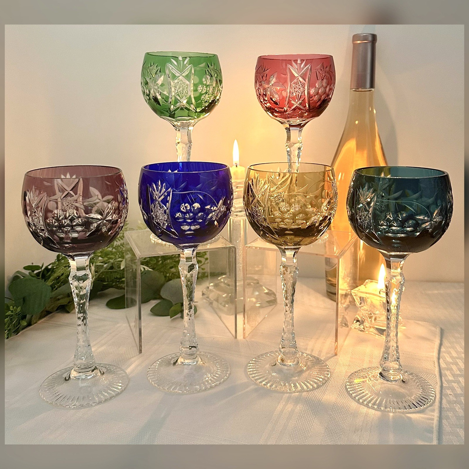 Beyer Bohemian Hock Wine Blown Cut Glasses Multi Colors 7 5/8\