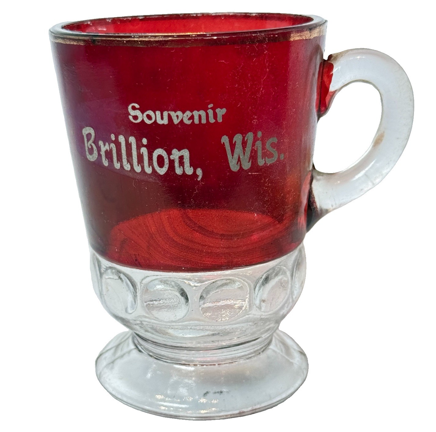 BRILLION WI WISCONSIN ANTIQUE Ruby Red Flash Souvenir Glass TRINKET CUP MUG