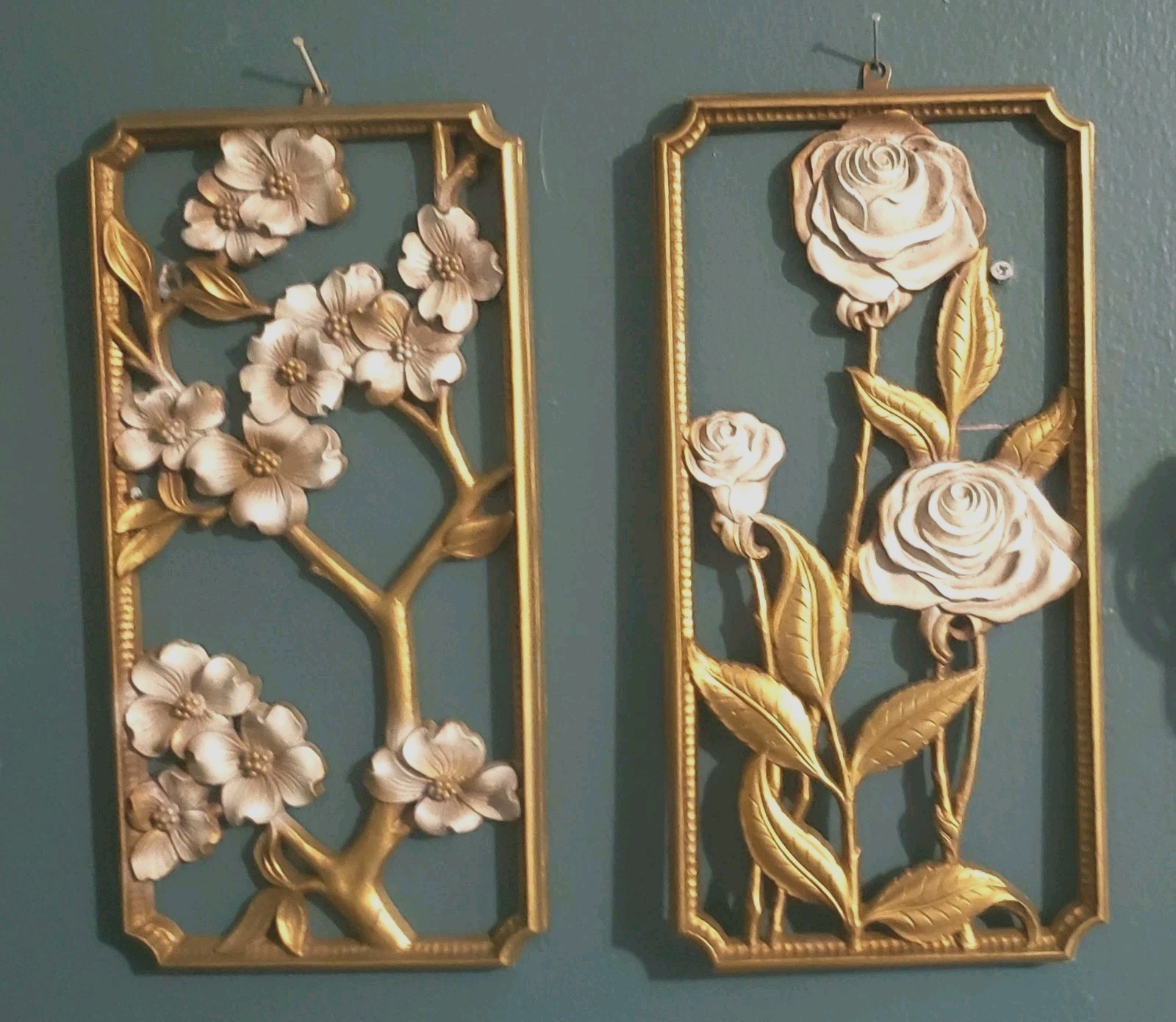 2 Vintage Wall Plaque 3D Art Floral Roses Hollywood Regency Decor 
