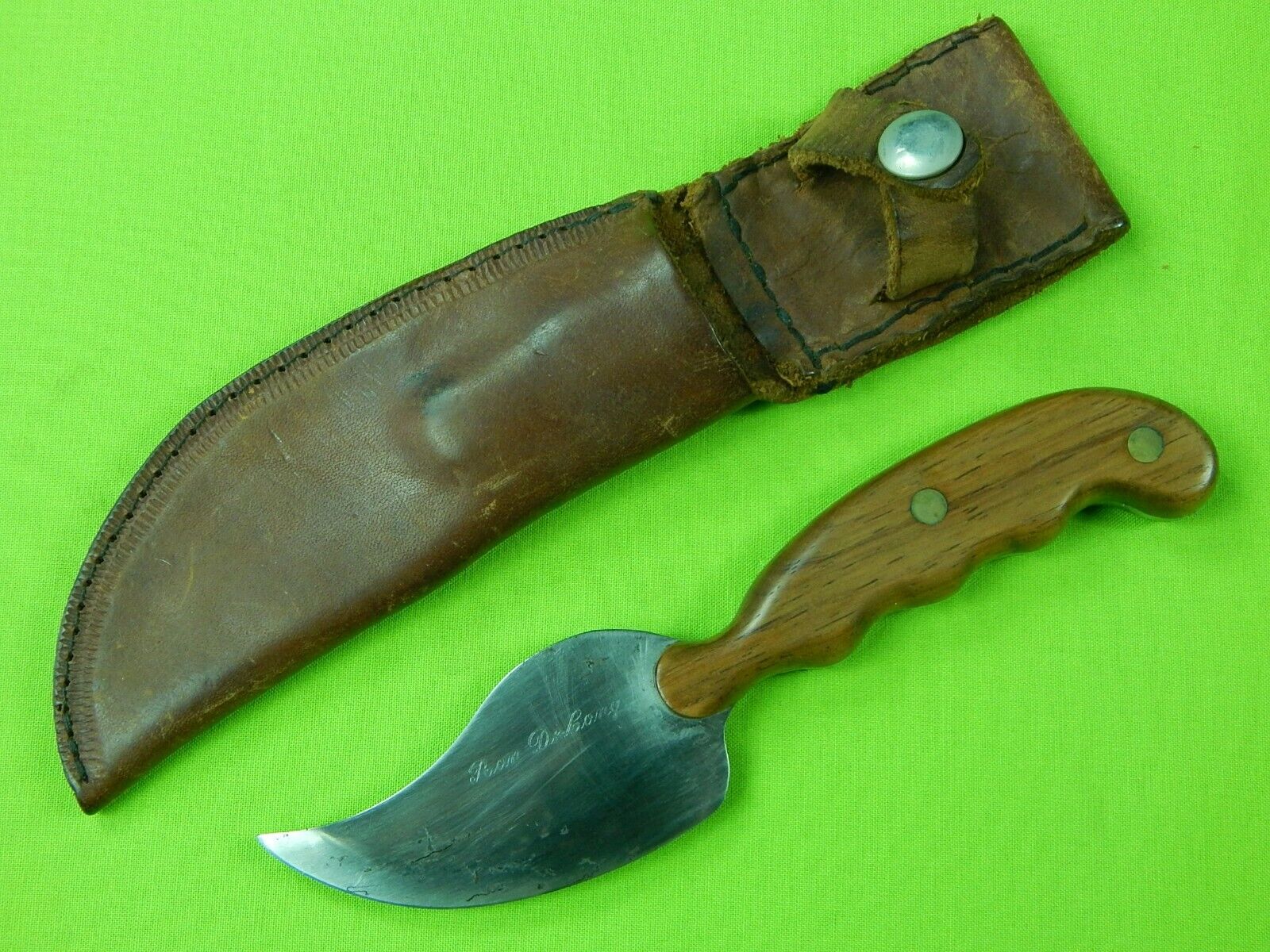 Vintage Custom Made Handmade RON DELONG Unusual Skinner Hunting Knife & Sheath