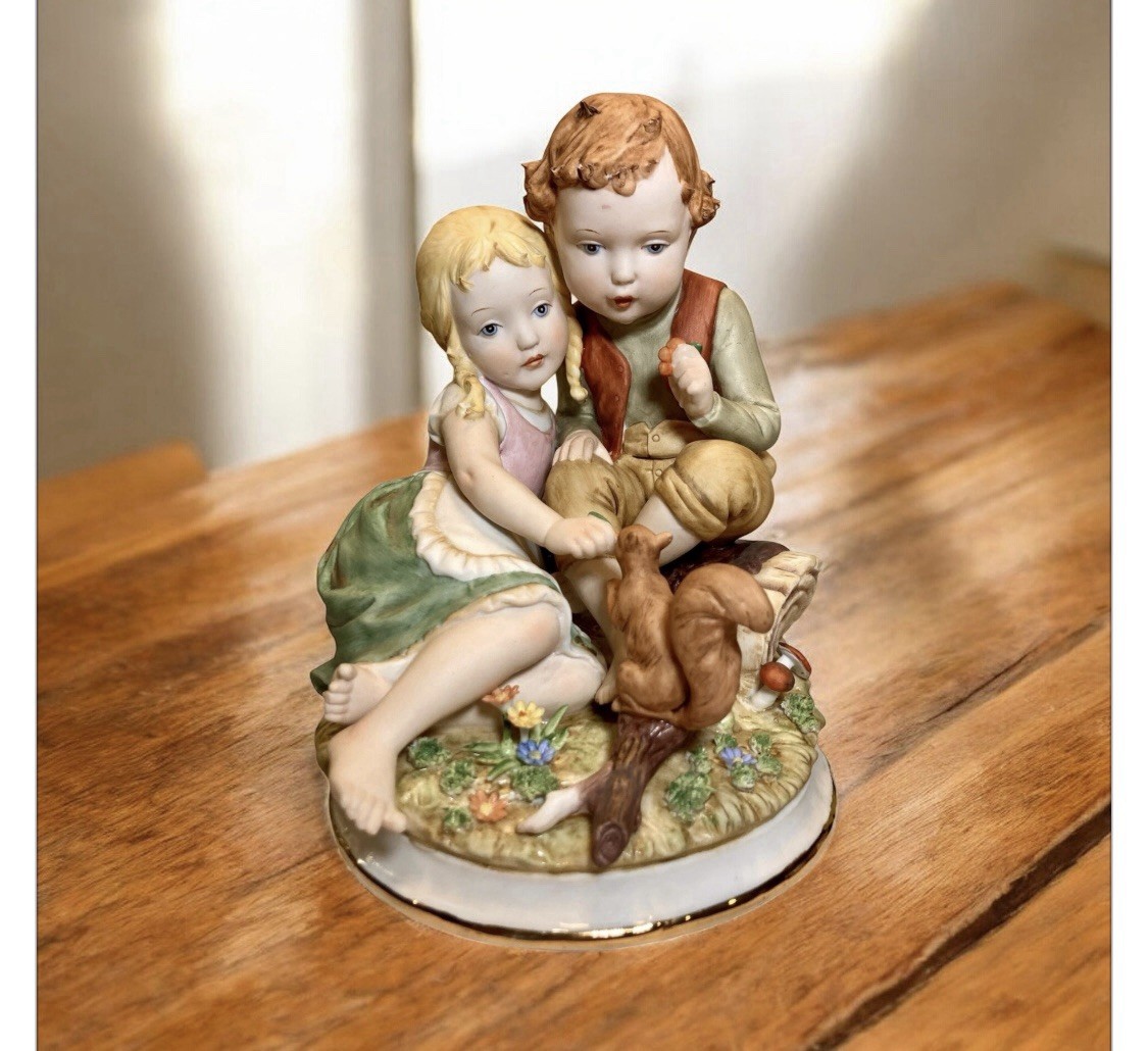 Narco Vintage Girl and Boy Figurine Painted in Soft Water Color 7.5 High