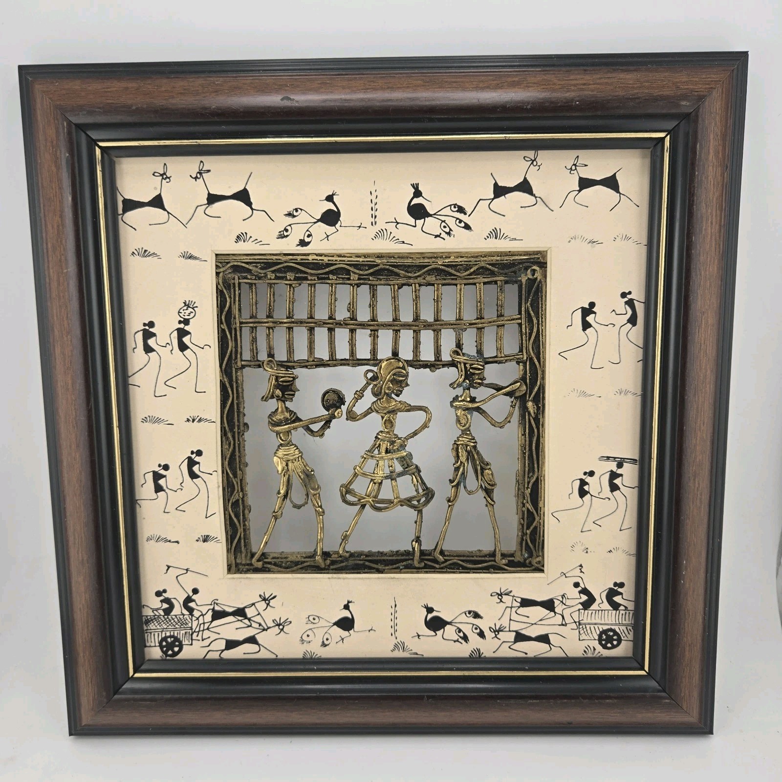Vintage Indian Dhokra Brass Art Warli Tribal Dancing Figures Framed Wall Hanging