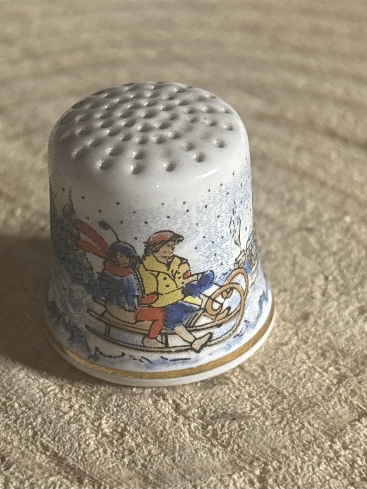 Thimble Porcelan Kids Sledding Made West Germany