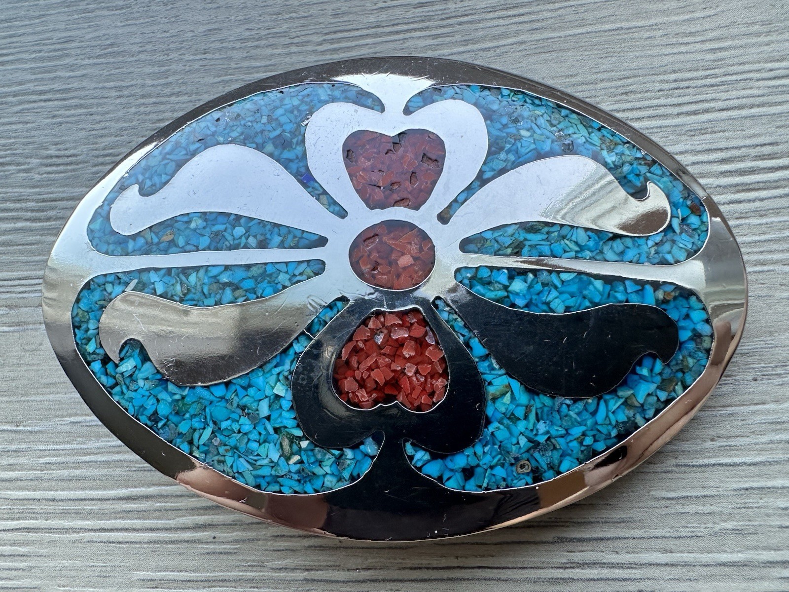 Vintage Silver Southwestern Native American Style Turquoise,Coral Inlay Buckle
