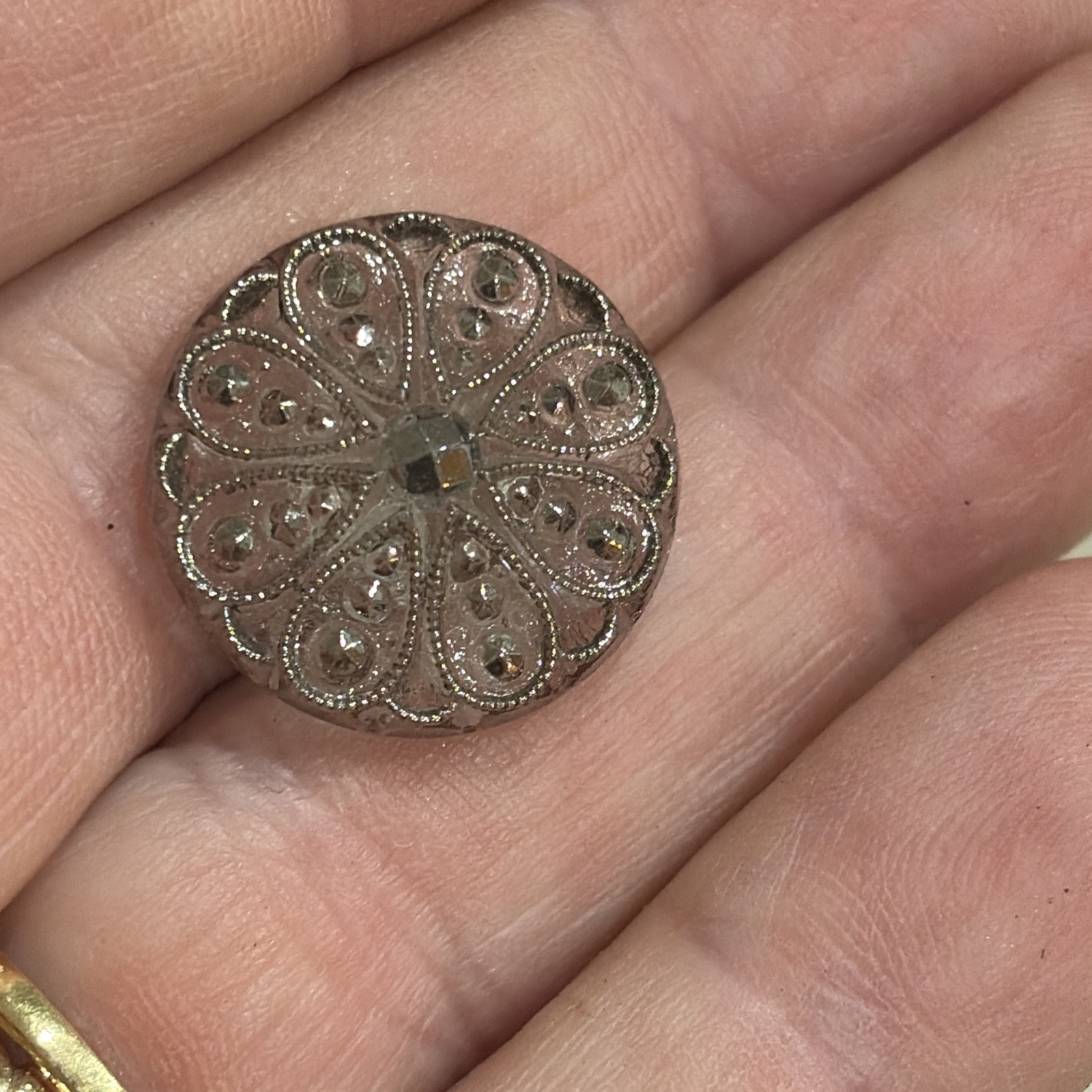 4 Vintage beautiful Glass silver millifior   3/4” buttons. Shank  