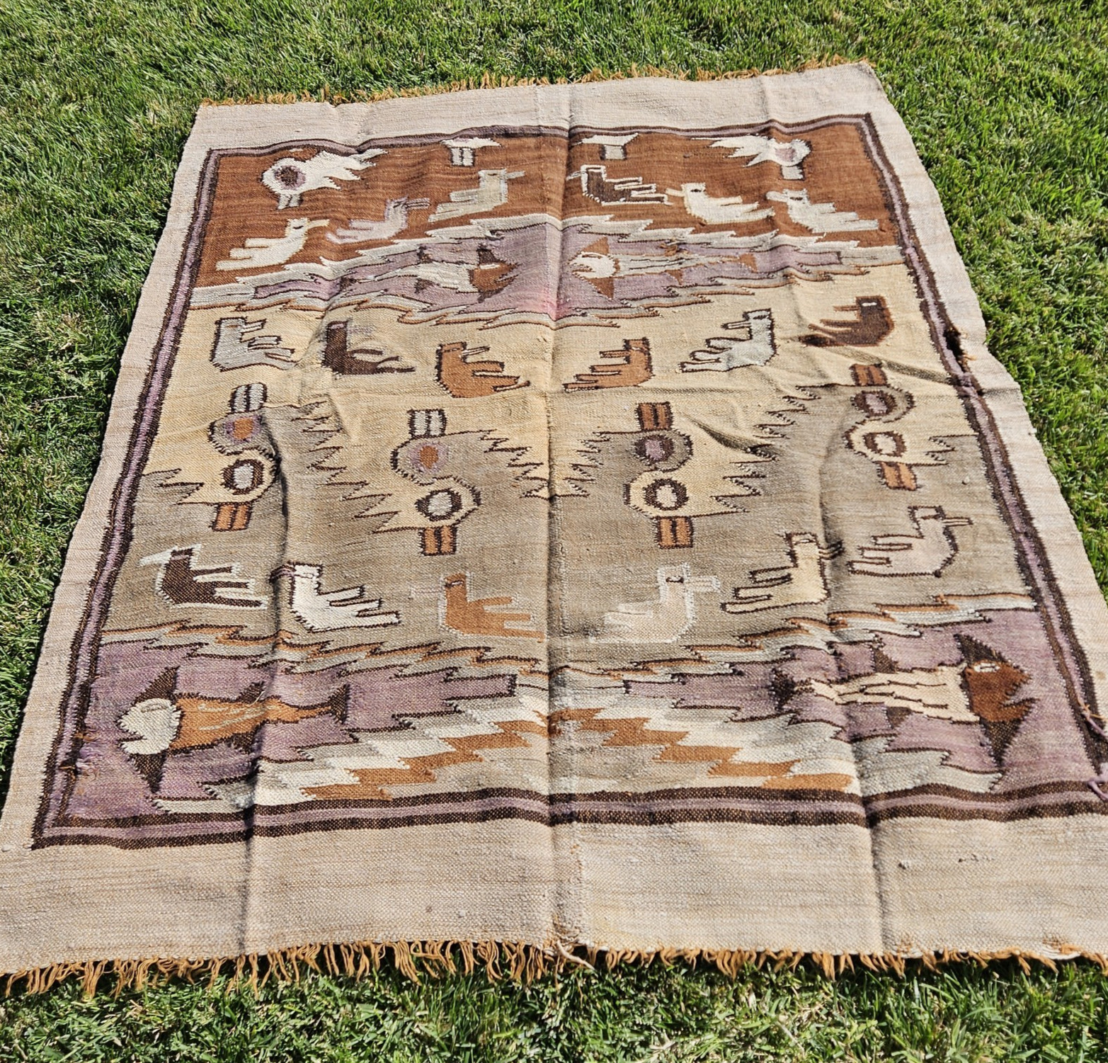 AS-IS Very Old Pictorial Chimu Peruvian Flat Weave Wool Blanket Rug Birds Fish