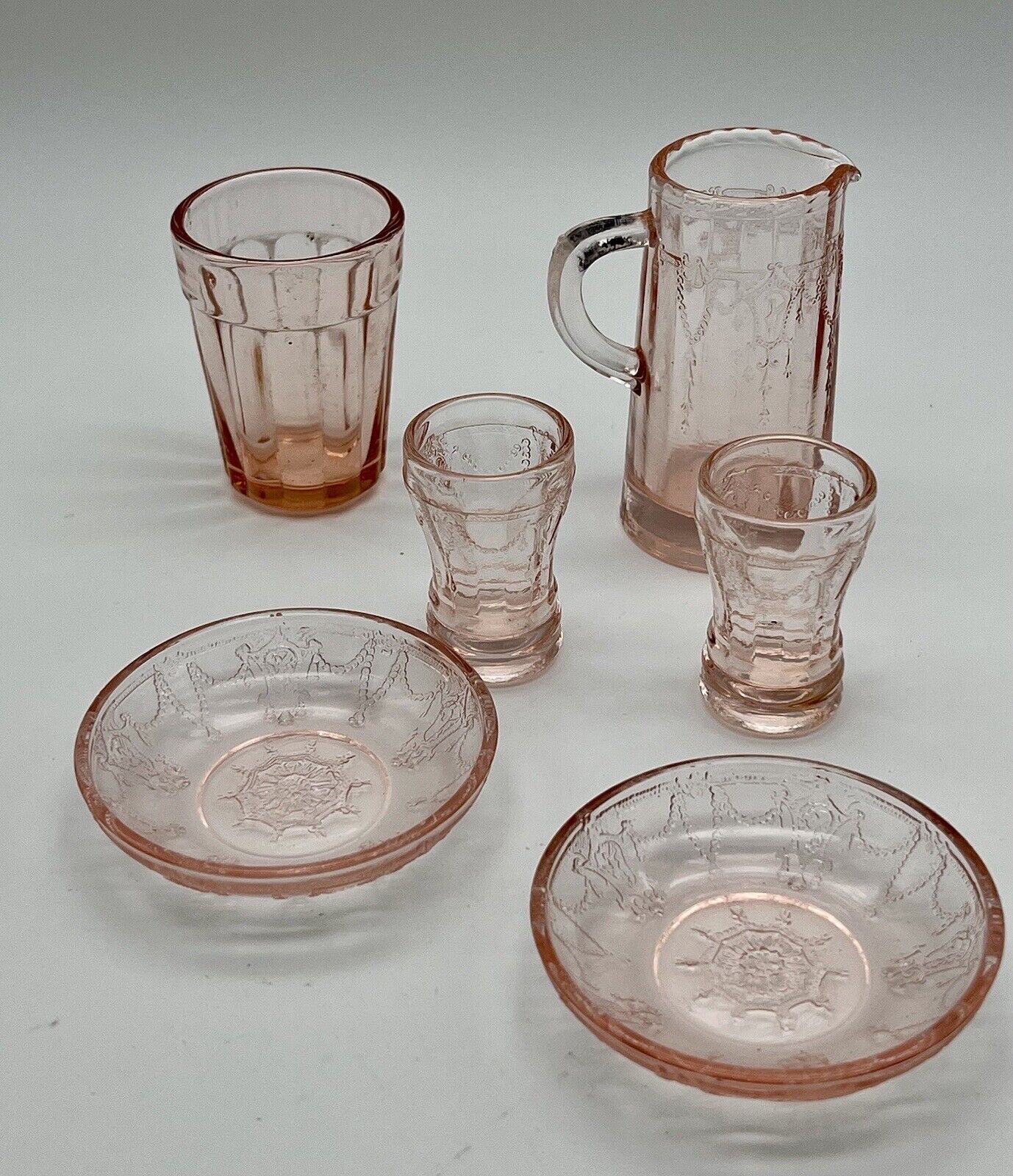 Vtg Pink Glass Cameo Children Dishes, 5 pcs + 1 Non Cameo- See Photos & Info