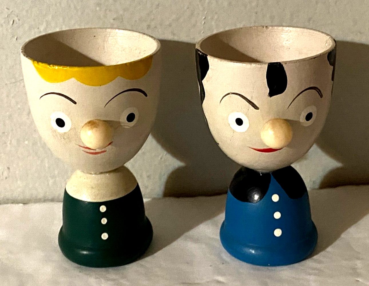 Vintage Lot of 2 Giftcraft Handpainted Man &Woman Wood Egg Cups / Japan / 3\