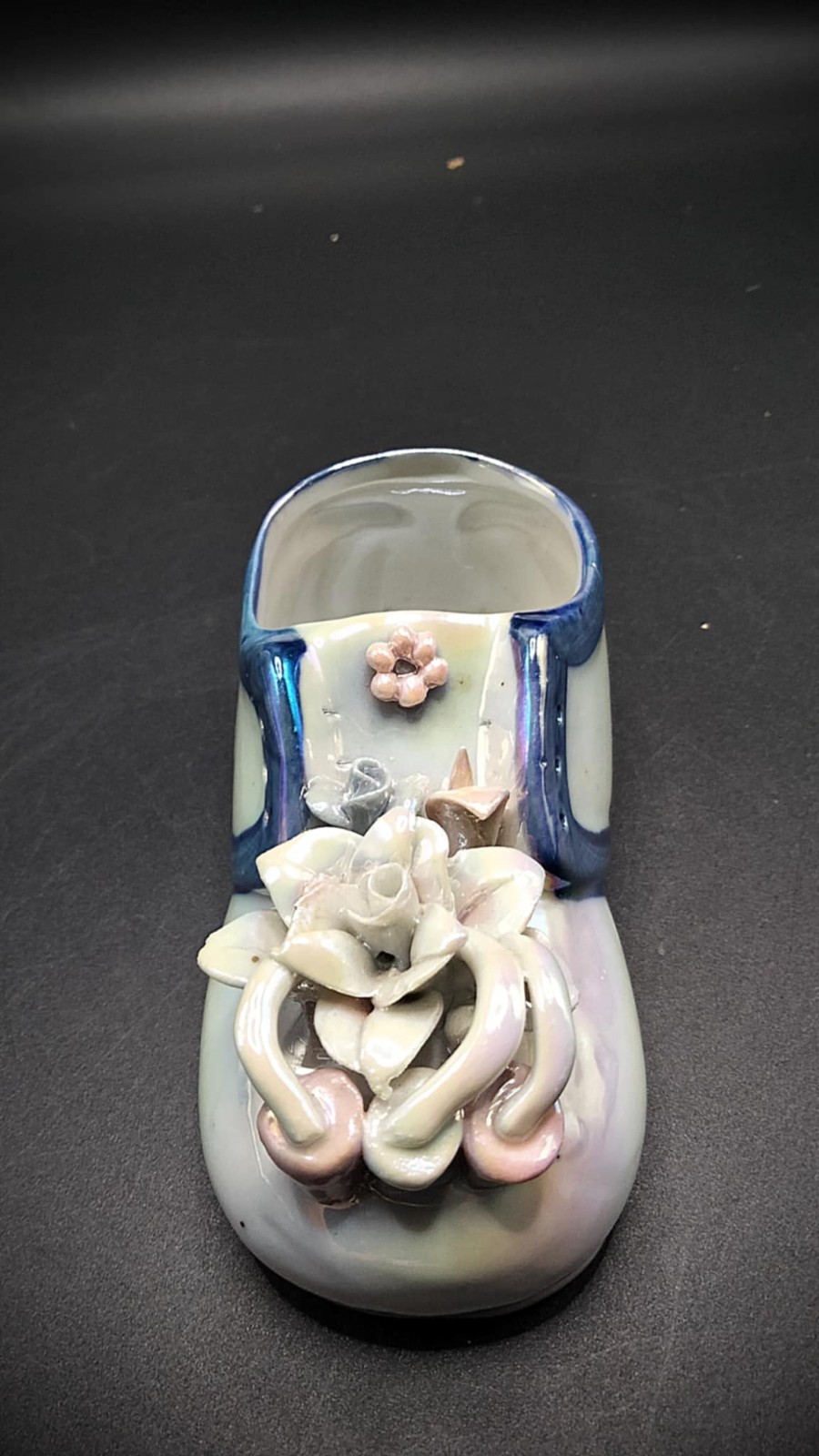 Vintage Iridescent Porcelain Shoe Figurine Applied Flowers Japan 4.5 inch